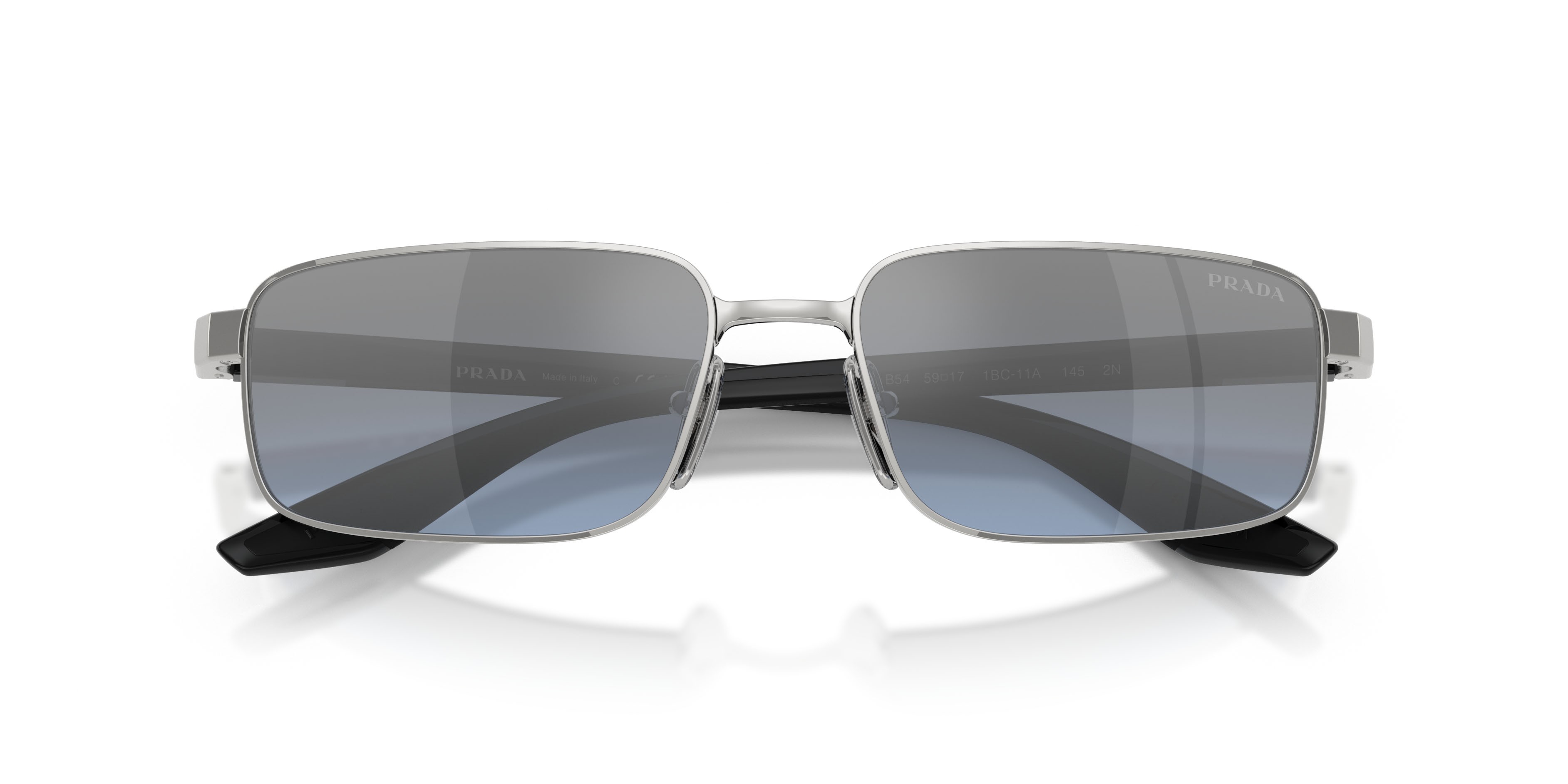 Occhiali da sole Prada Linea Rossa PS B54S (1BC11A) colore argento forma rettangolare lenti blu/specchiata argento