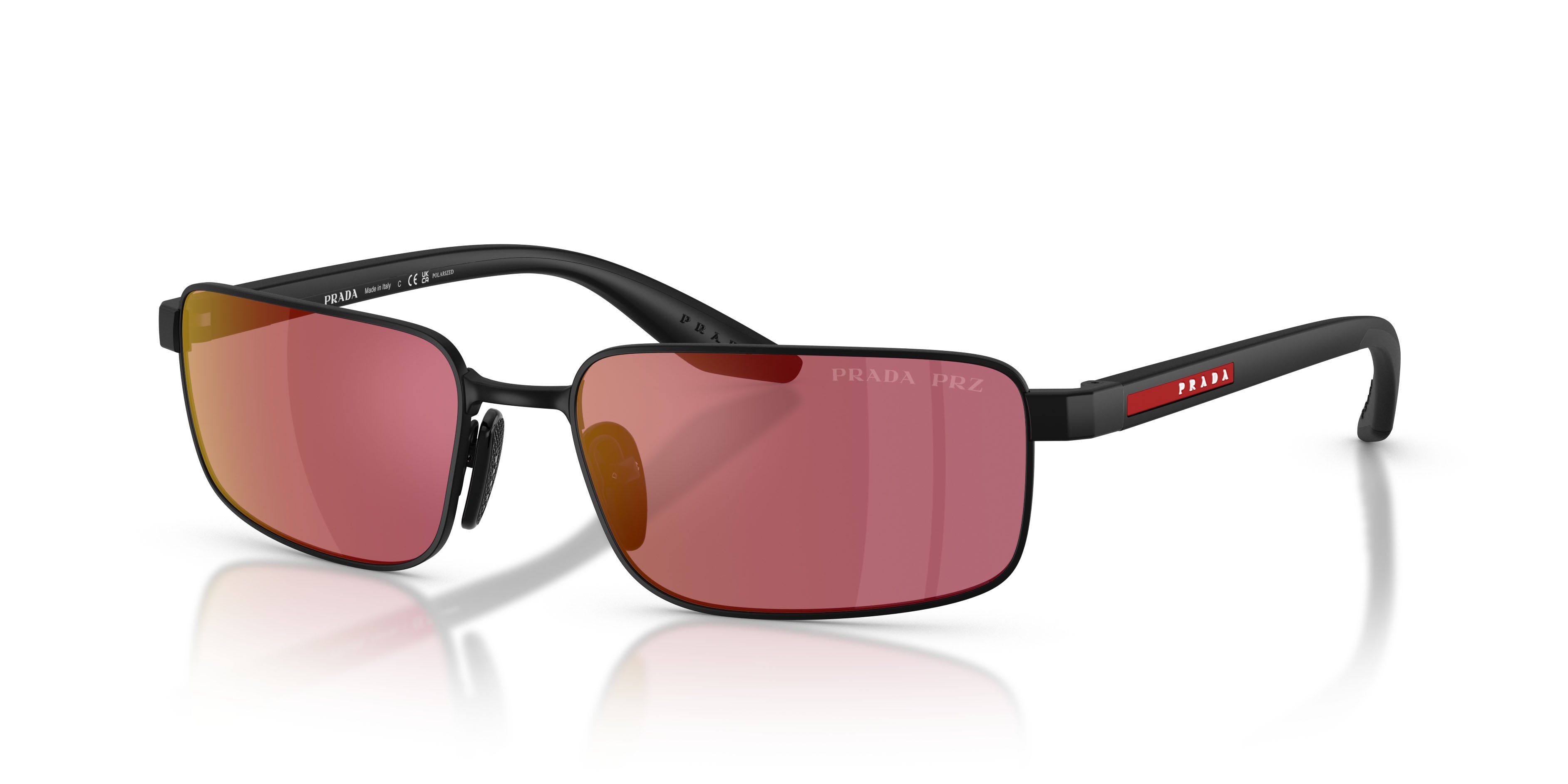Occhiali da sole Prada Linea Rossa PS B54S (1BO07A) colore nero opaco forma rettangolare lenti red polarized