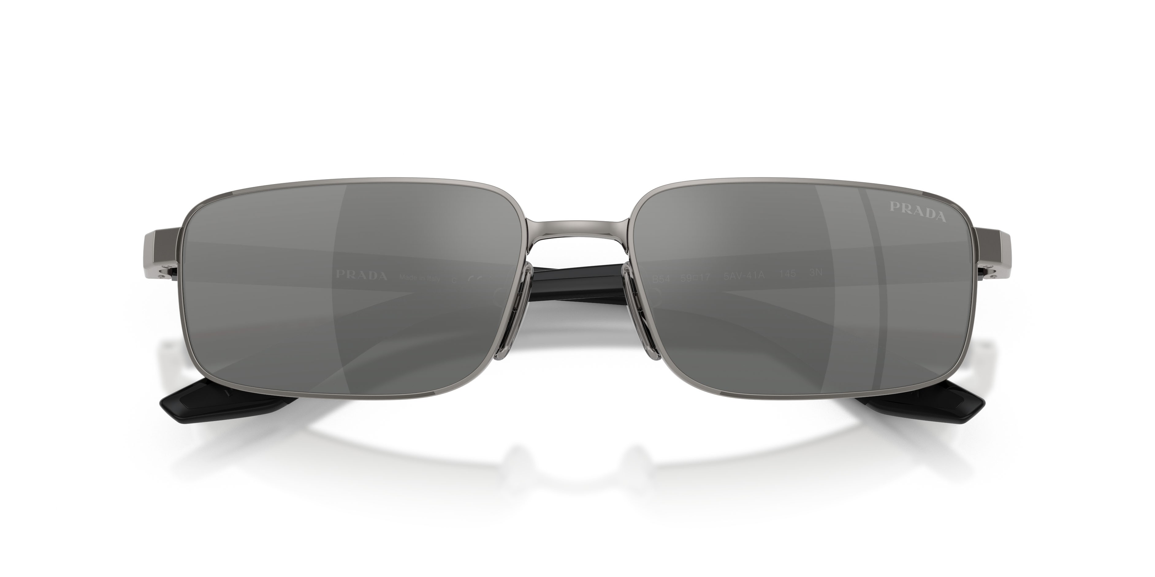 Occhiali da sole Prada Linea Rossa PS B54S (5AV41A) colore grigio metallizzato forma rettangolare lenti grigio/argento