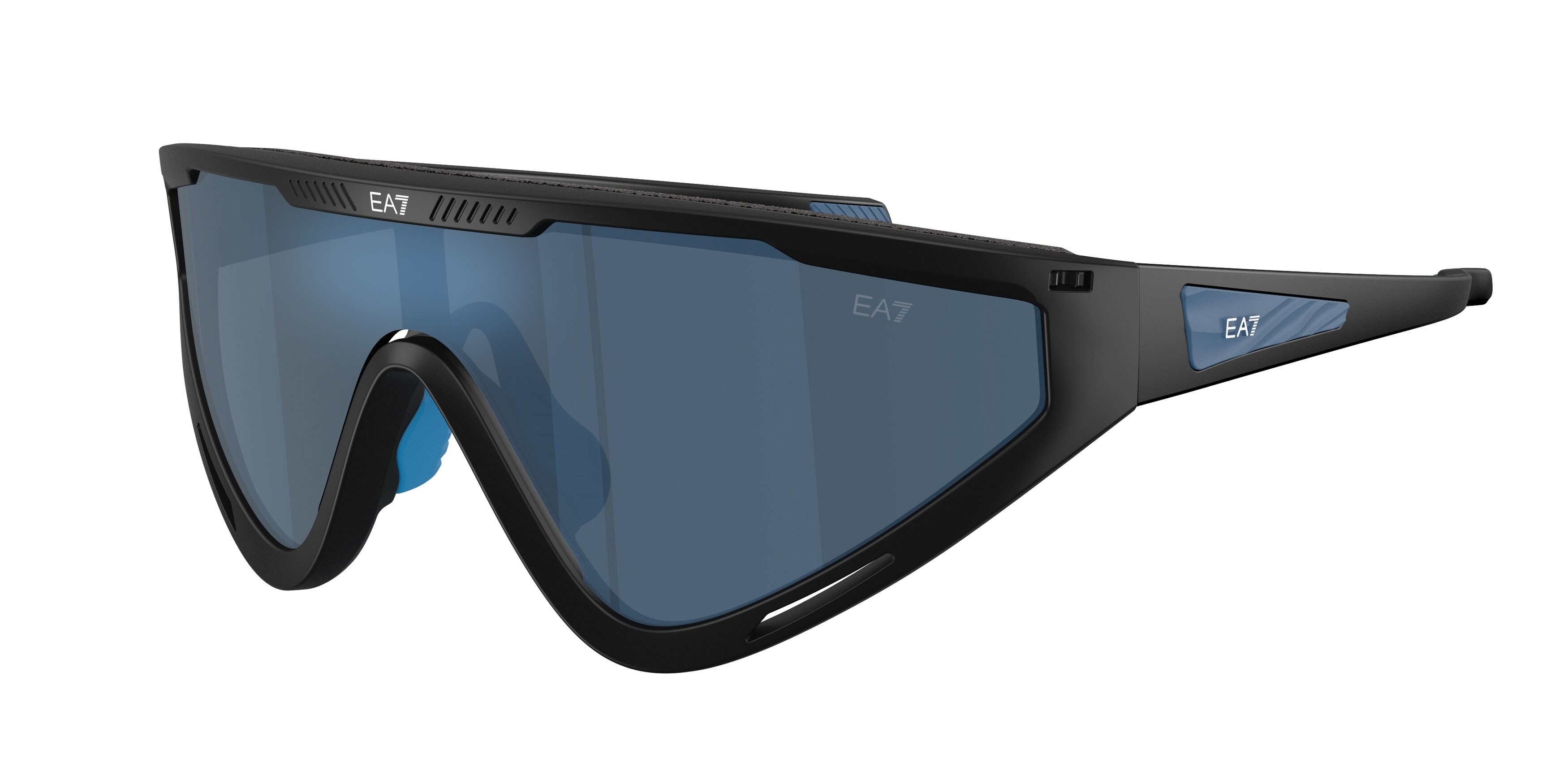 Sunglasses EA7 Q7 4001 (628887) color nero opaco shape irregular lenses blu scuro specchiato blu