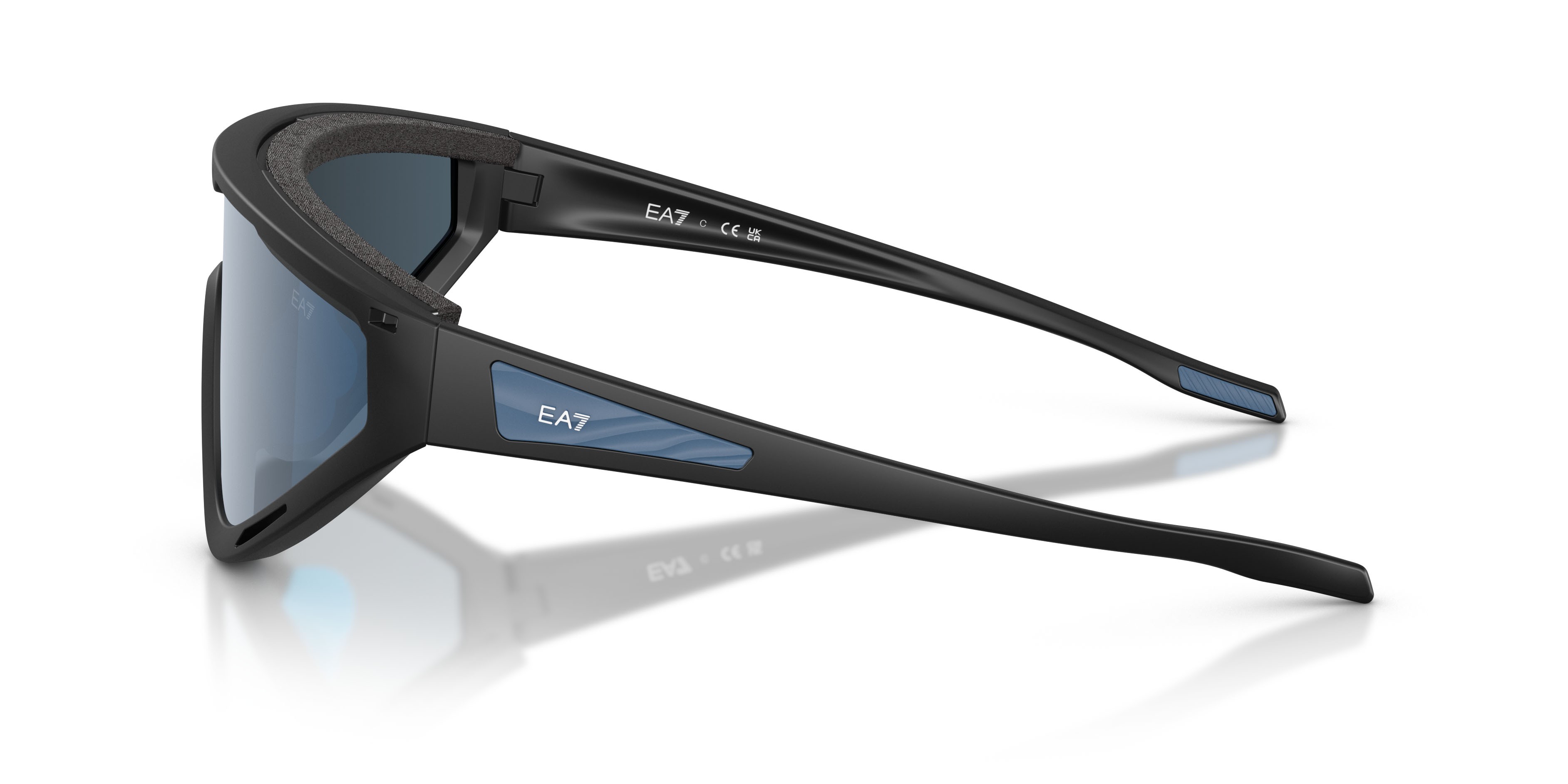 Sunglasses EA7 Q7 4001 (628887) color nero opaco shape irregular lenses blu scuro specchiato blu