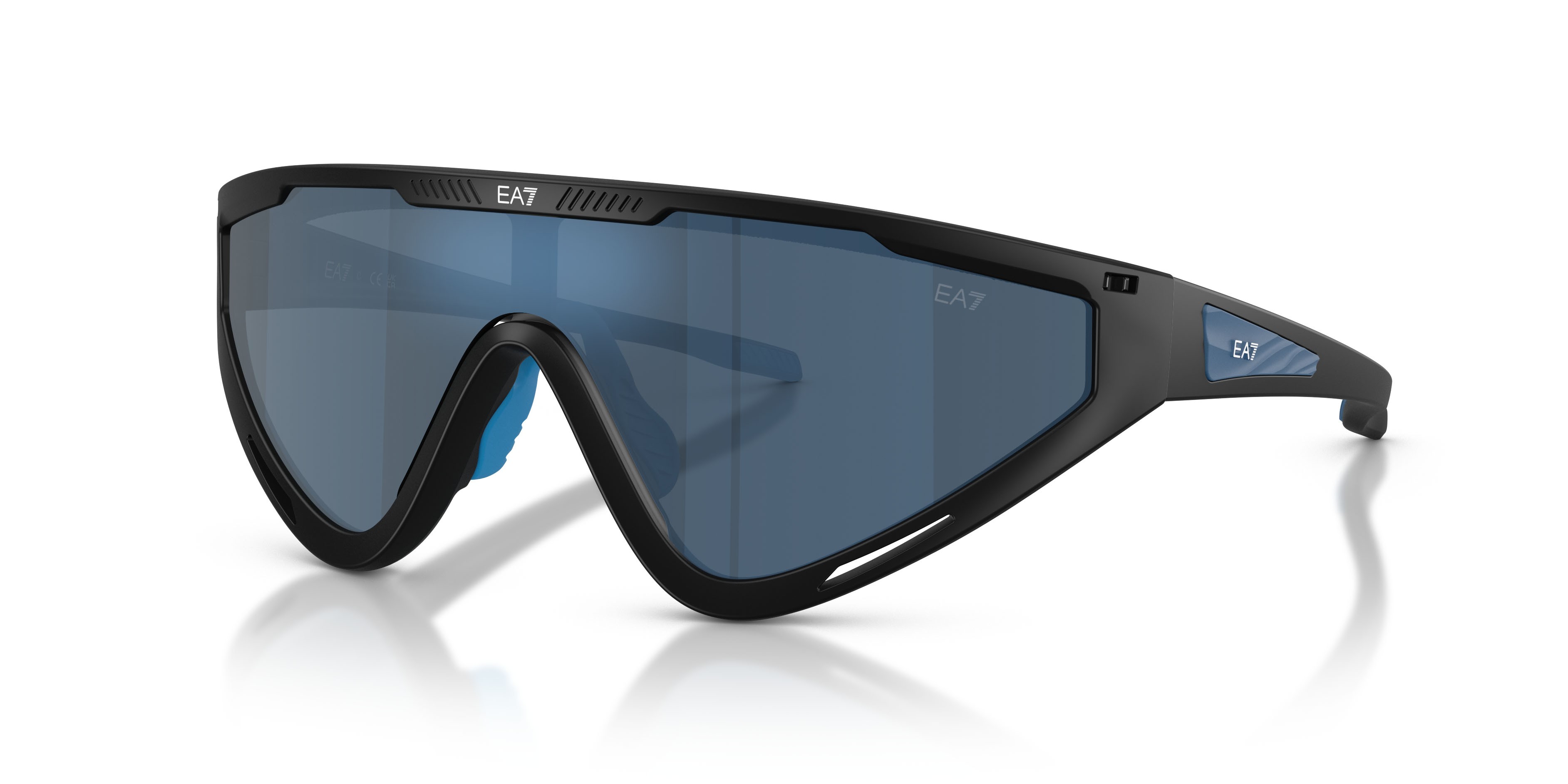 Sunglasses EA7 Q7 4001 (628887) color nero opaco shape irregular lenses blu scuro specchiato blu