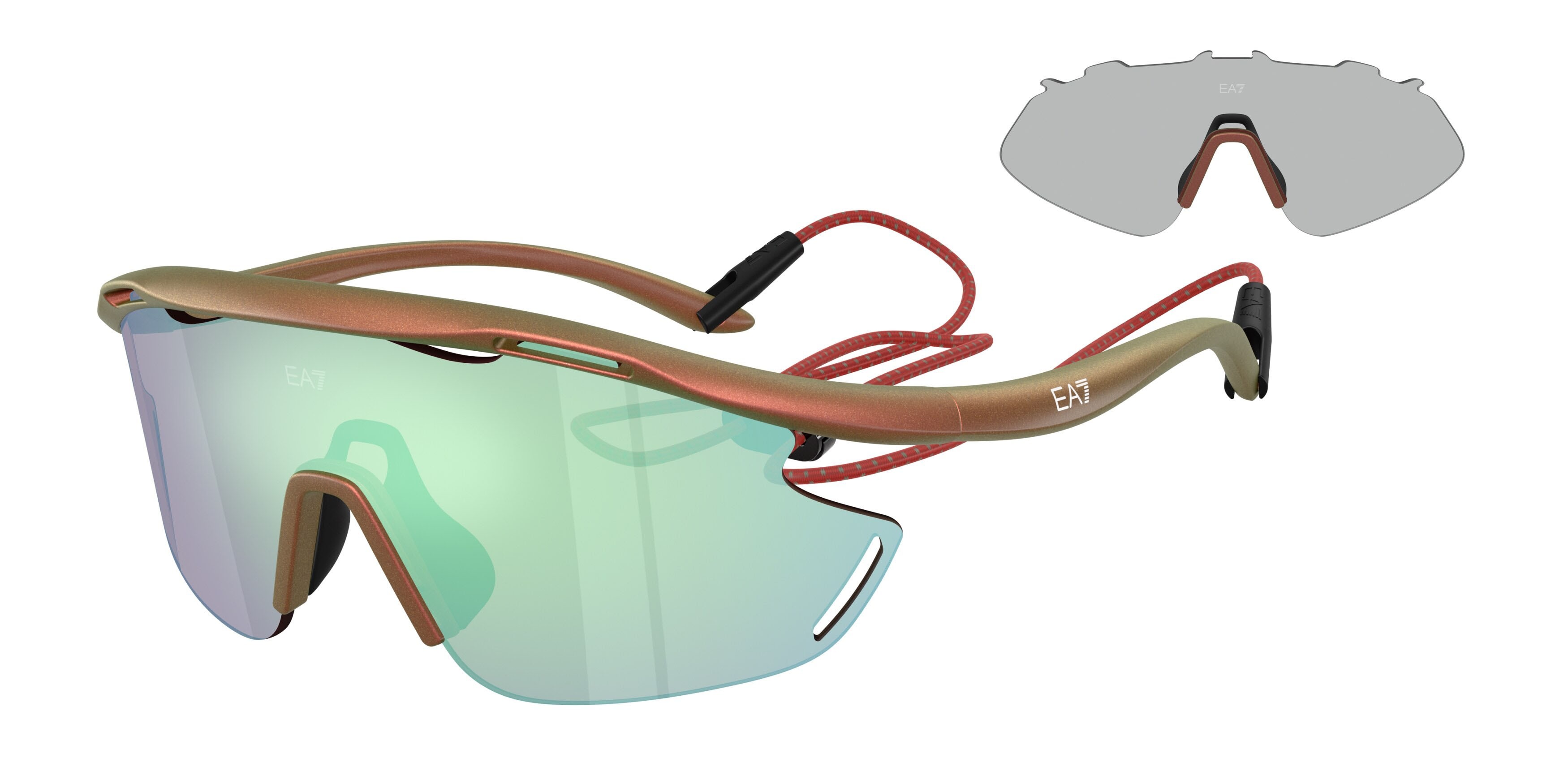 Sunglasses EA7 Q7 4002 (6290MA) color rosso iridescente opaco shape irregular lenses rosa specchiata blu