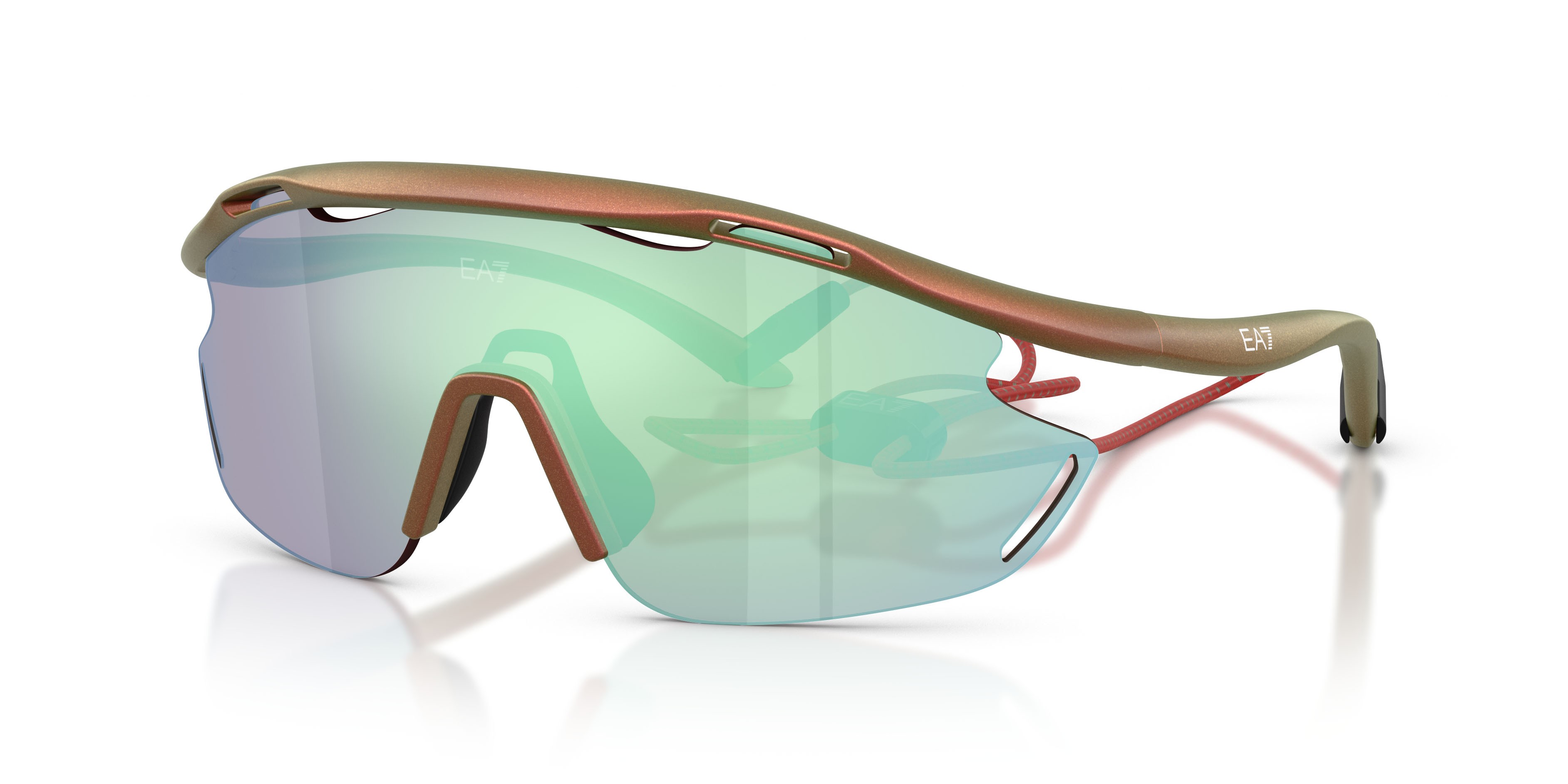 Sunglasses EA7 Q7 4002 (6290MA) color rosso iridescente opaco shape irregular lenses rosa specchiata blu