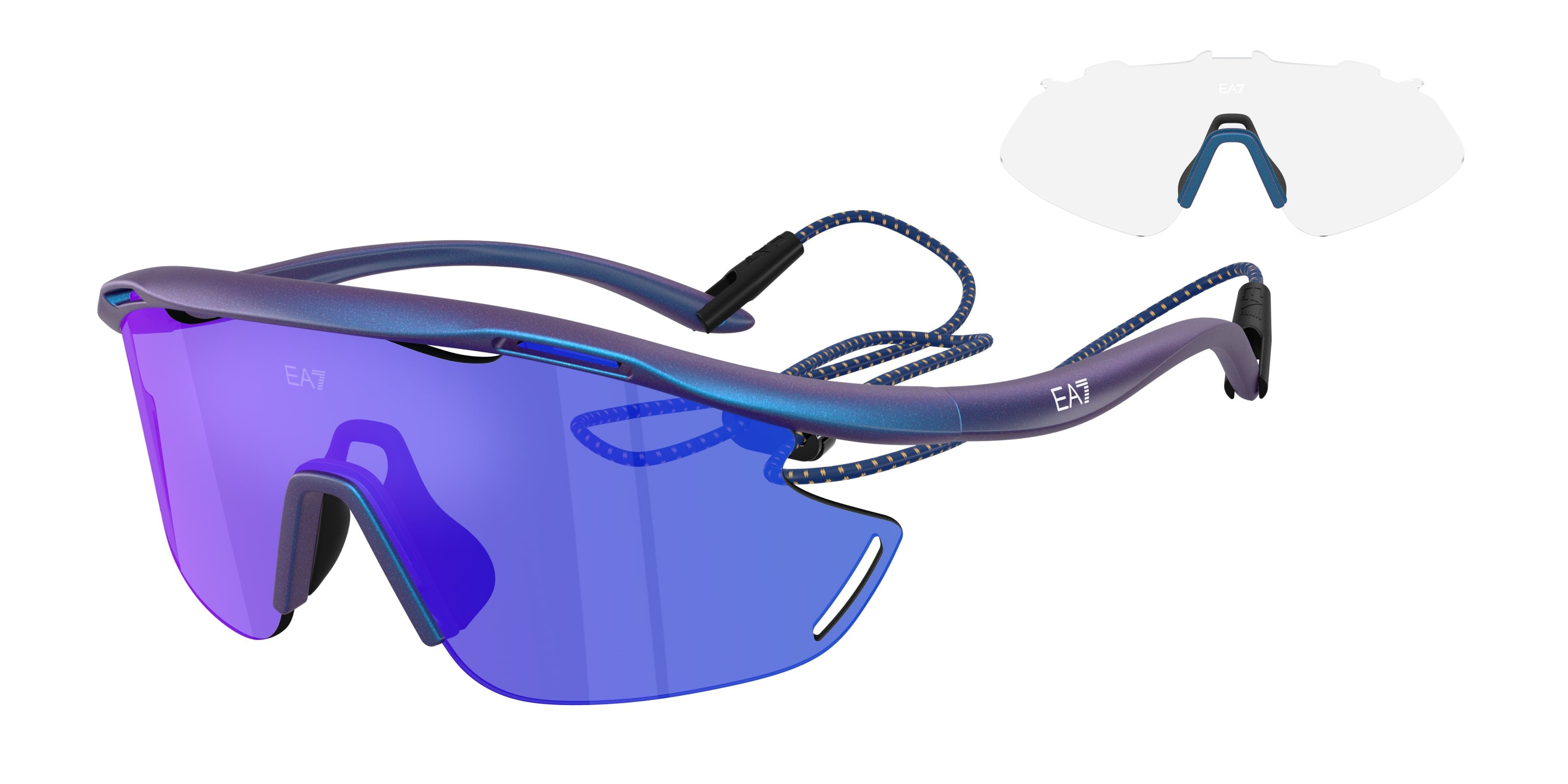Sunglasses EA7 Q7 4002 (6291B2) color blu iridescente opaco shape irregular lenses blu scuro specchiata viola
