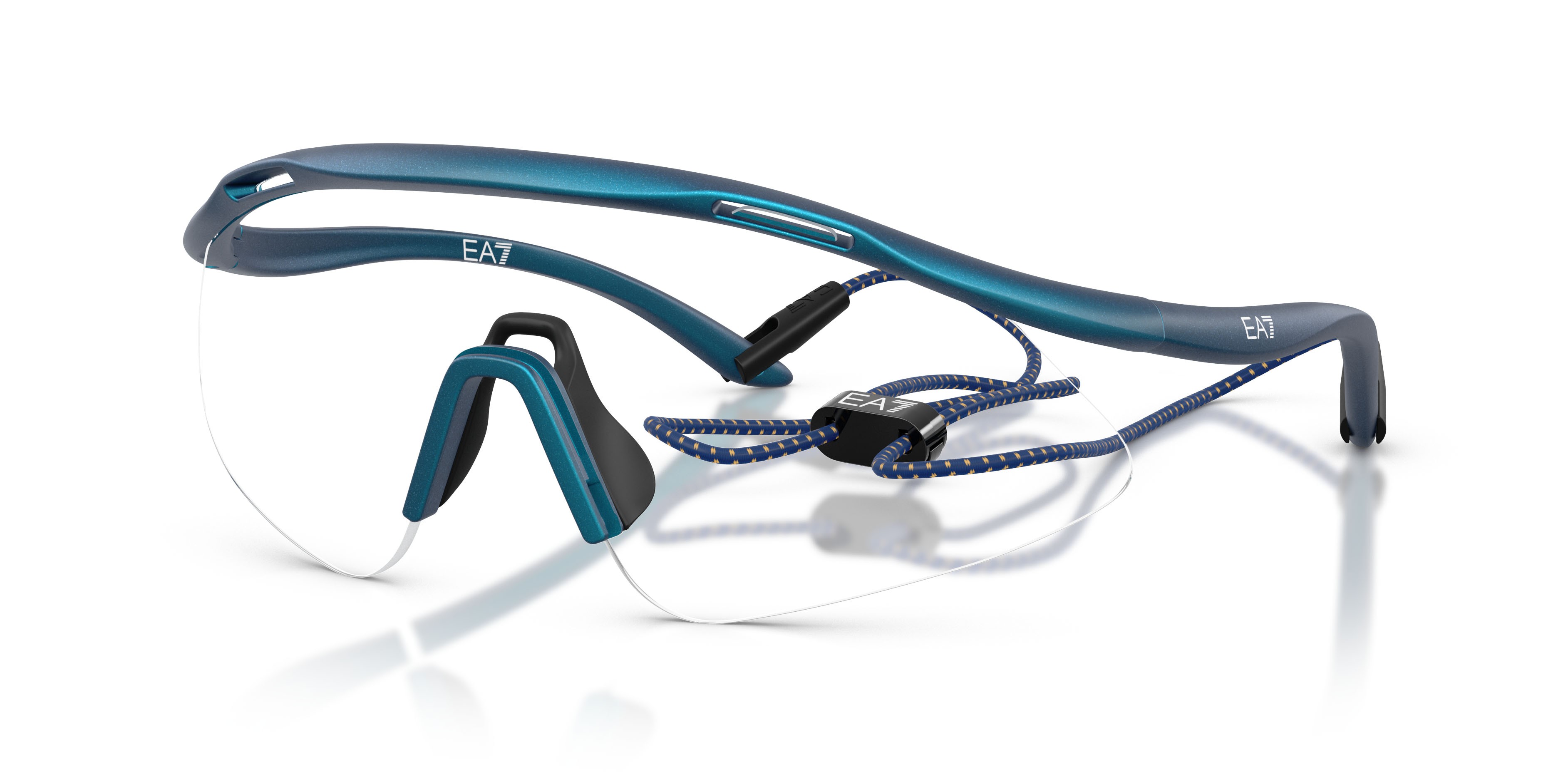 Sunglasses EA7 Q7 4002 (6291B2) color blu iridescente opaco shape irregular lenses blu scuro specchiata viola