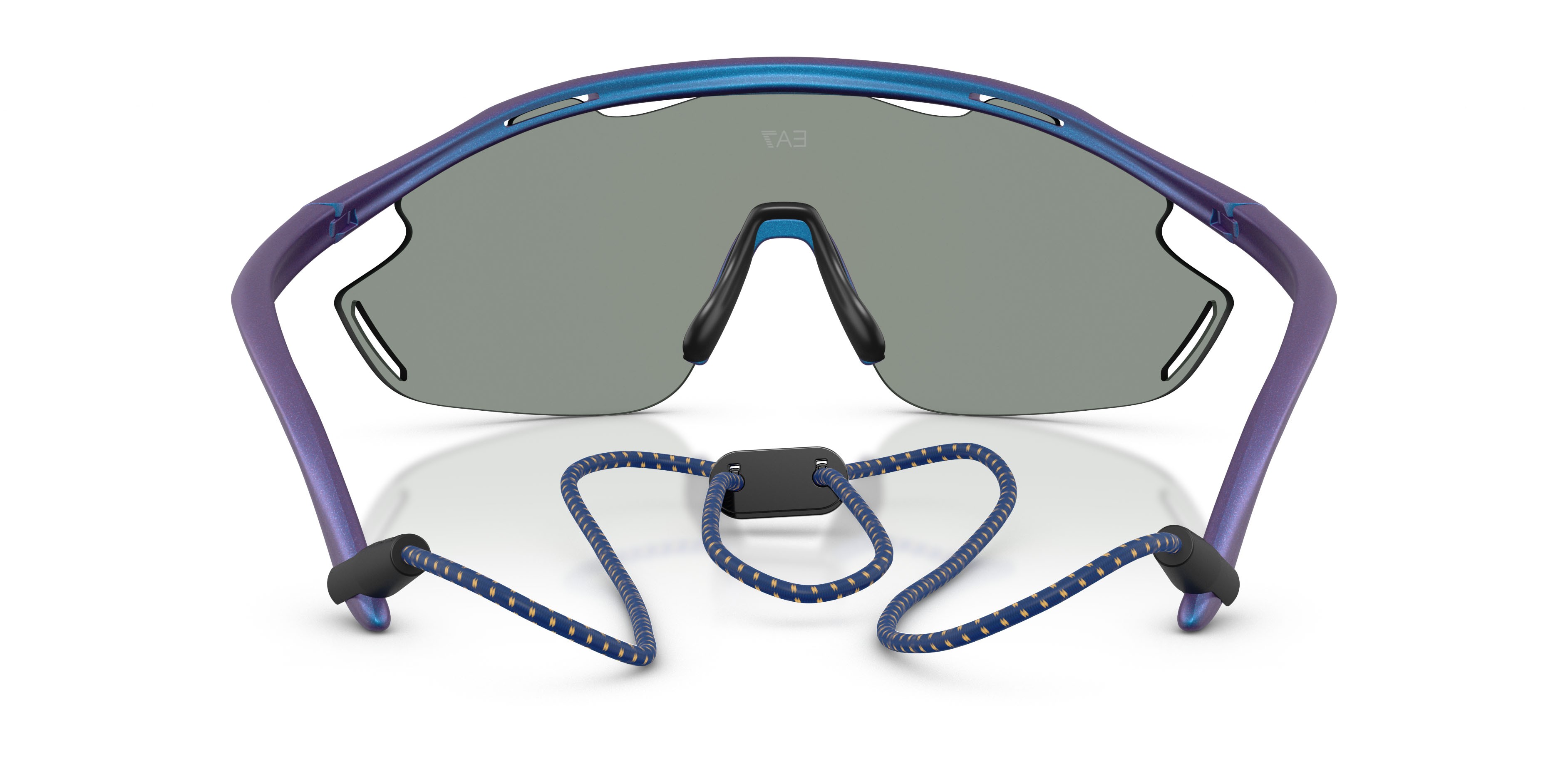 Sunglasses EA7 Q7 4002 (6291B2) color blu iridescente opaco shape irregular lenses blu scuro specchiata viola