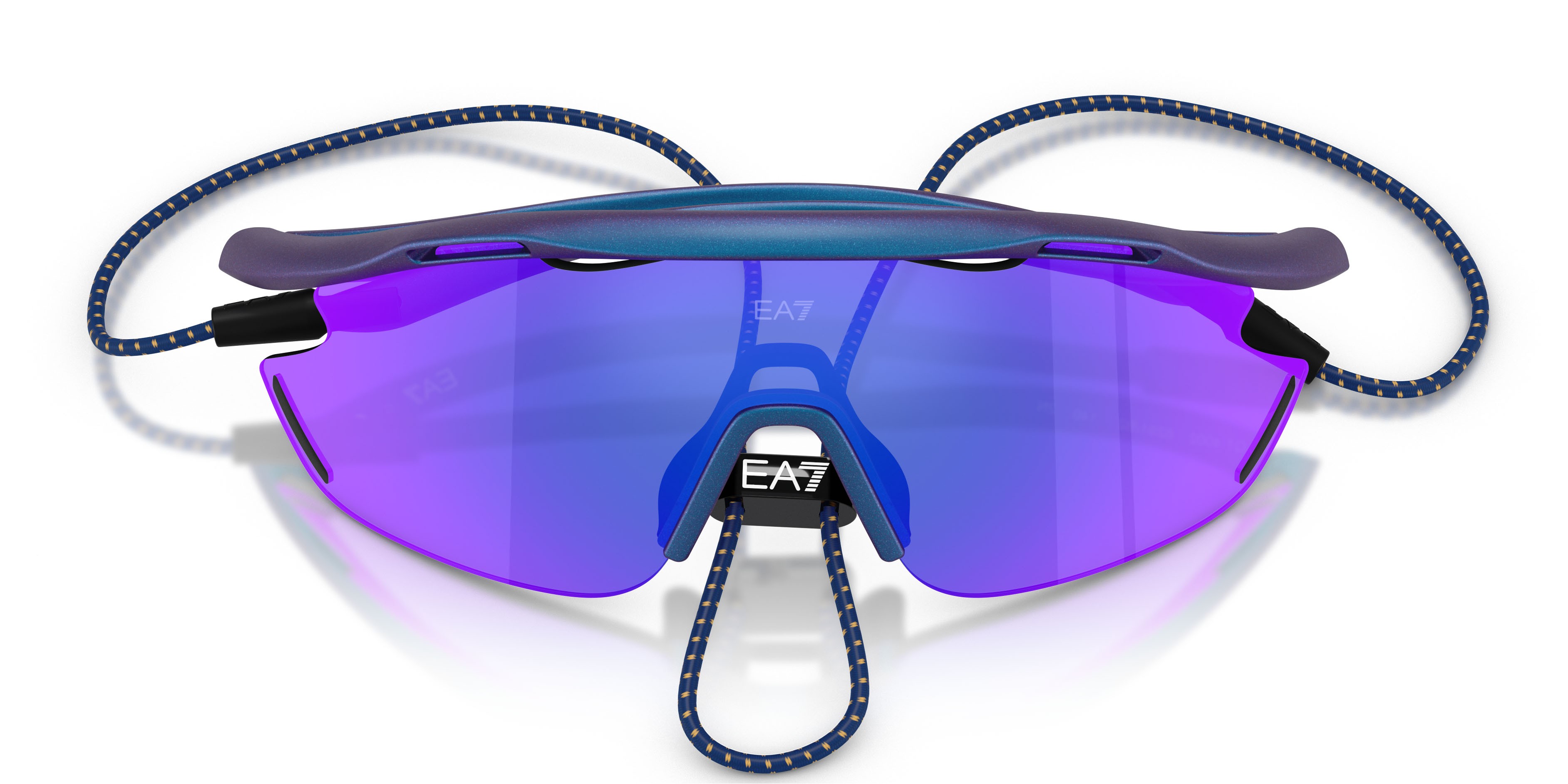 Sunglasses EA7 Q7 4002 (6291B2) color blu iridescente opaco shape irregular lenses blu scuro specchiata viola