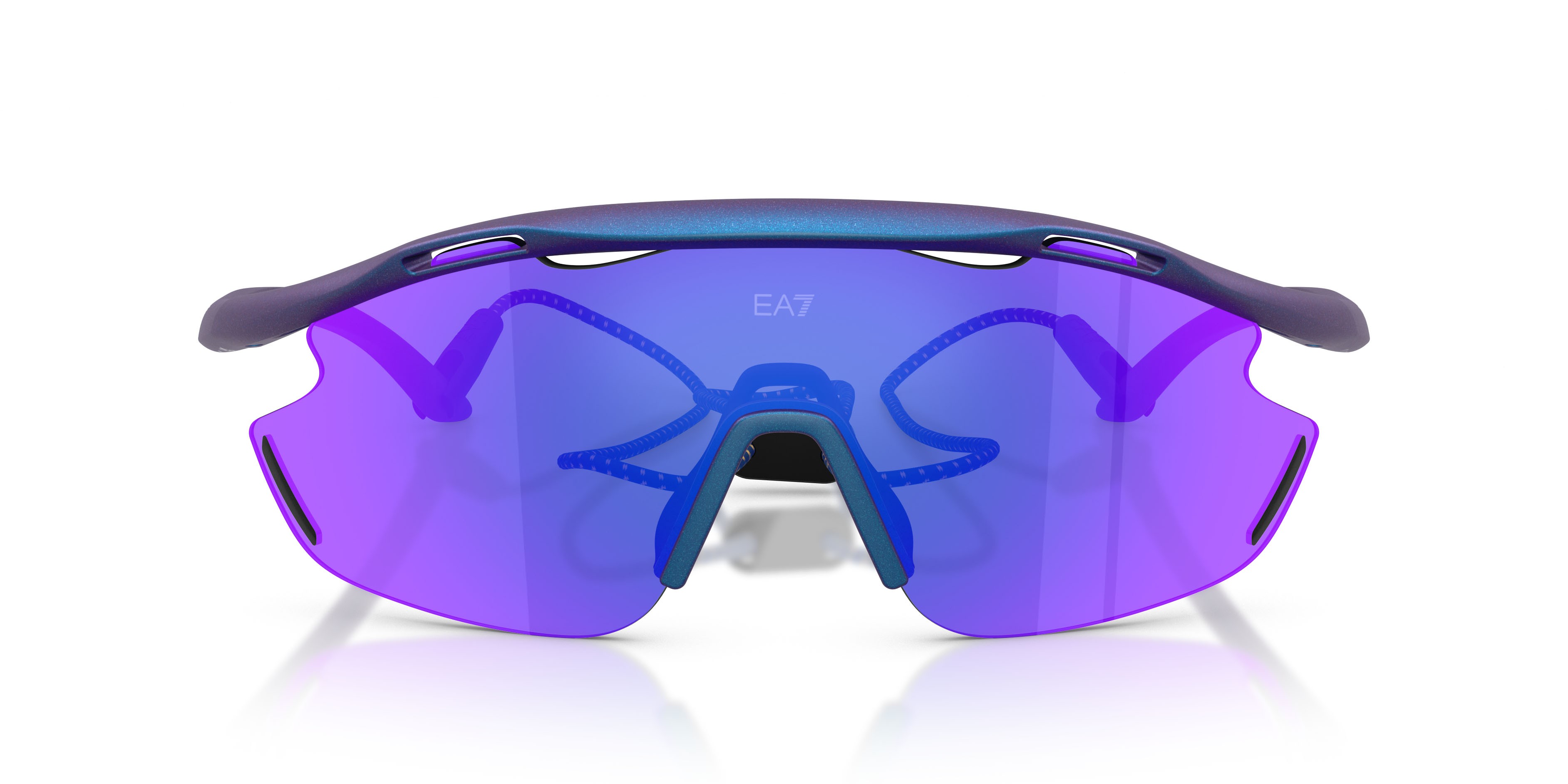Sunglasses EA7 Q7 4002 (6291B2) color blu iridescente opaco shape irregular lenses blu scuro specchiata viola