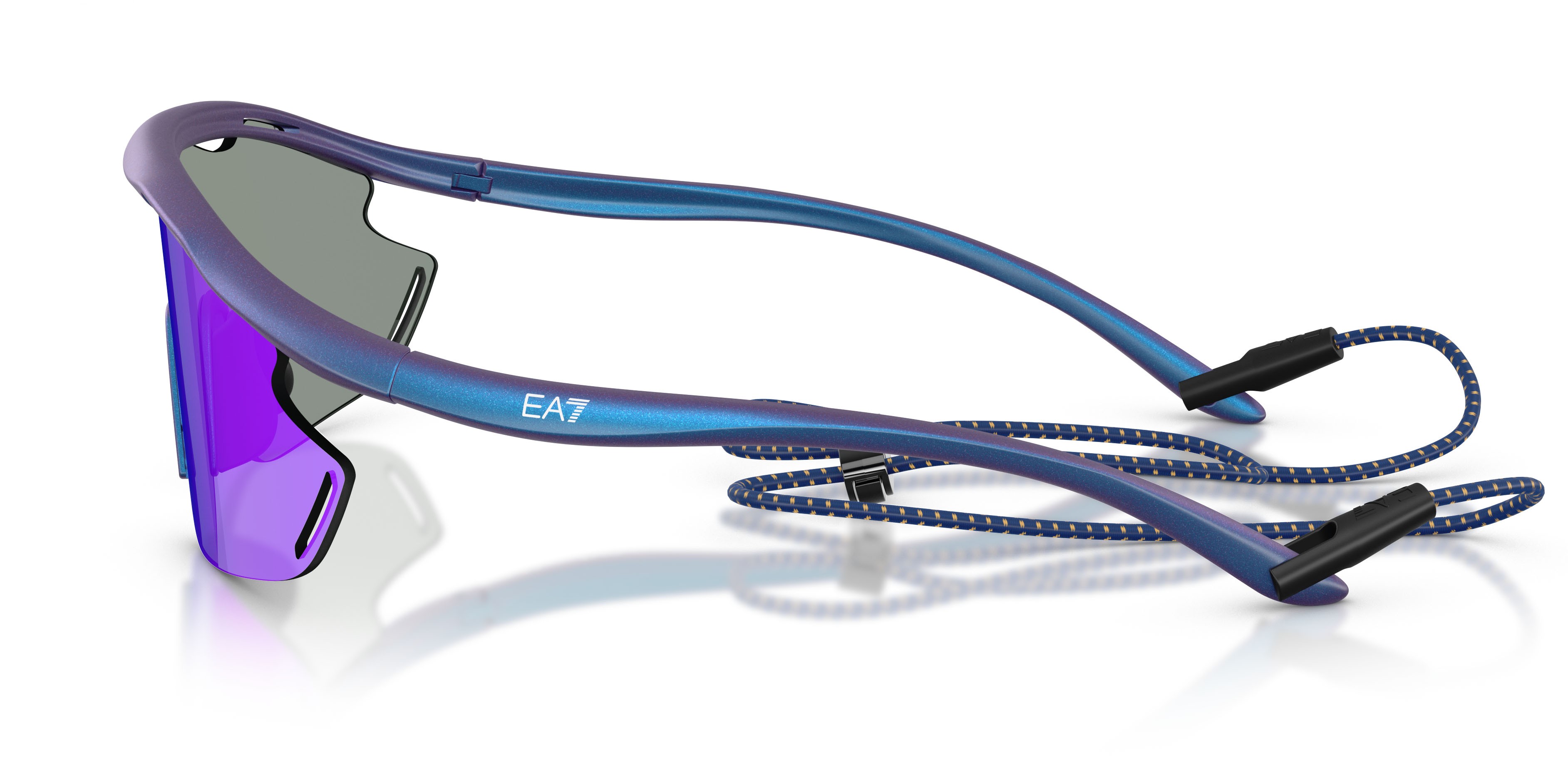 Sunglasses EA7 Q7 4002 (6291B2) color blu iridescente opaco shape irregular lenses blu scuro specchiata viola