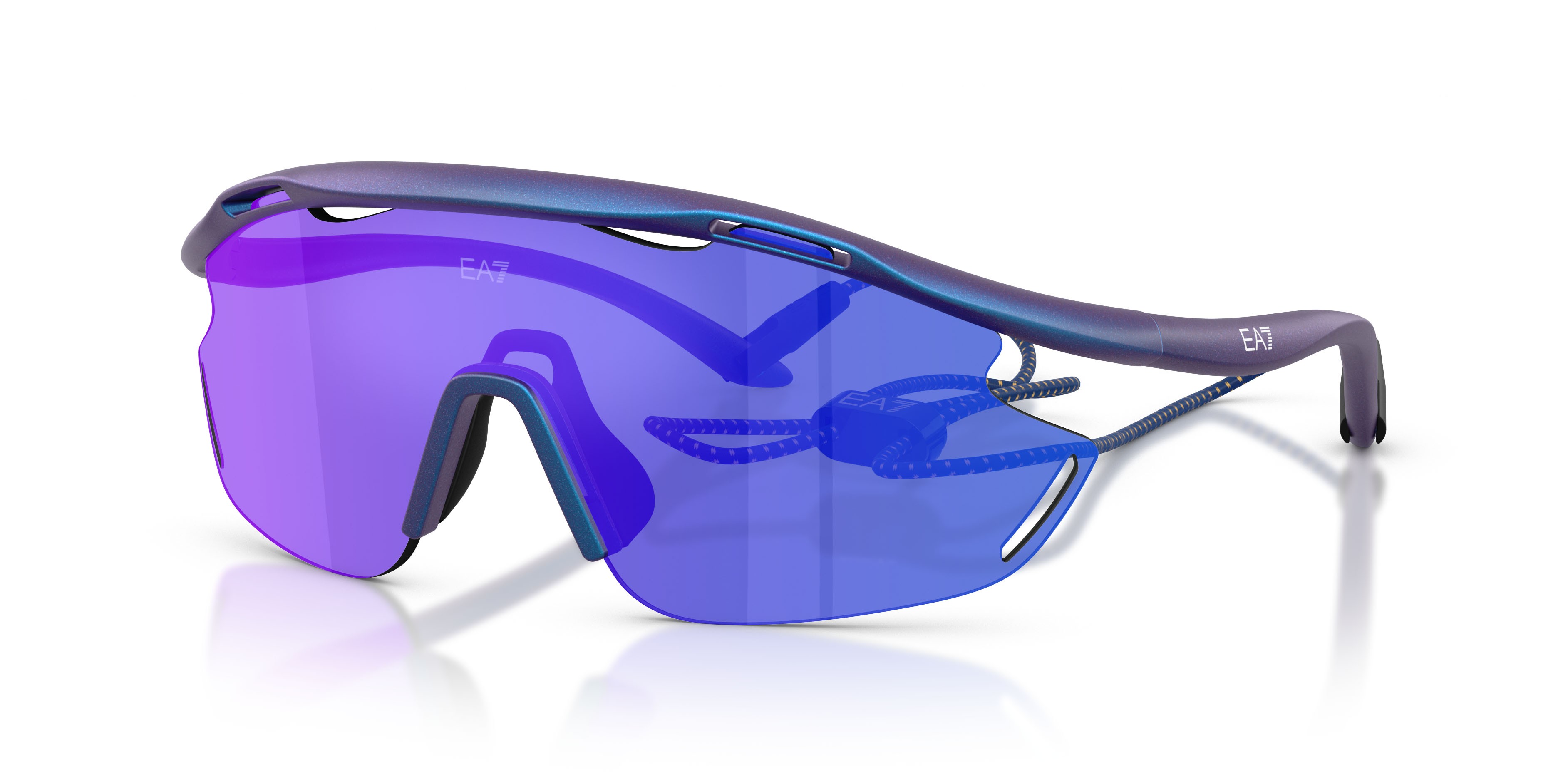 Sunglasses EA7 Q7 4002 (6291B2) color blu iridescente opaco shape irregular lenses blu scuro specchiata viola