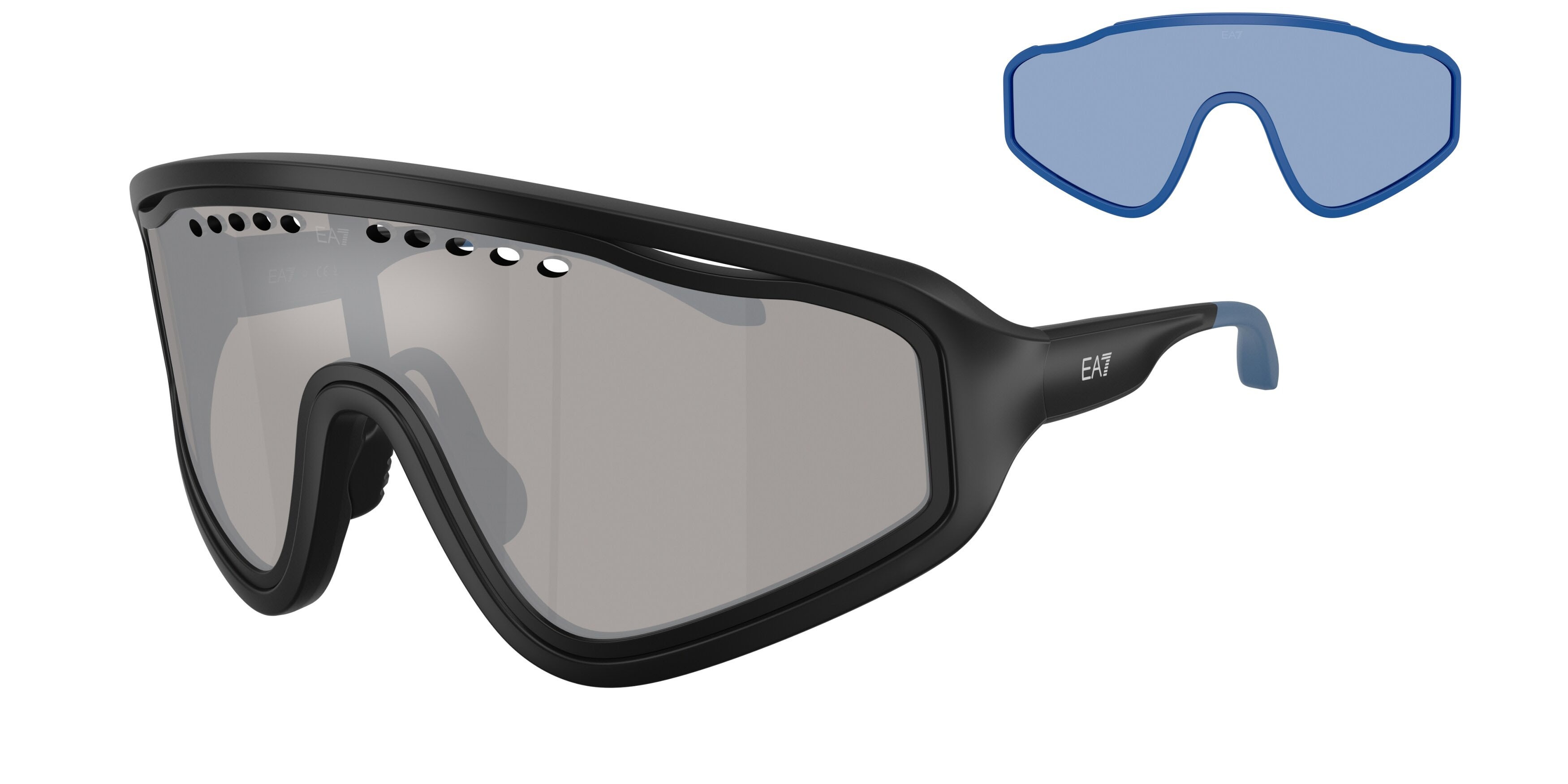 Sunglasses EA7 Q7 4005 (62886G) color nero opaco shape irregular lenses grigio chiaro specchiato argento