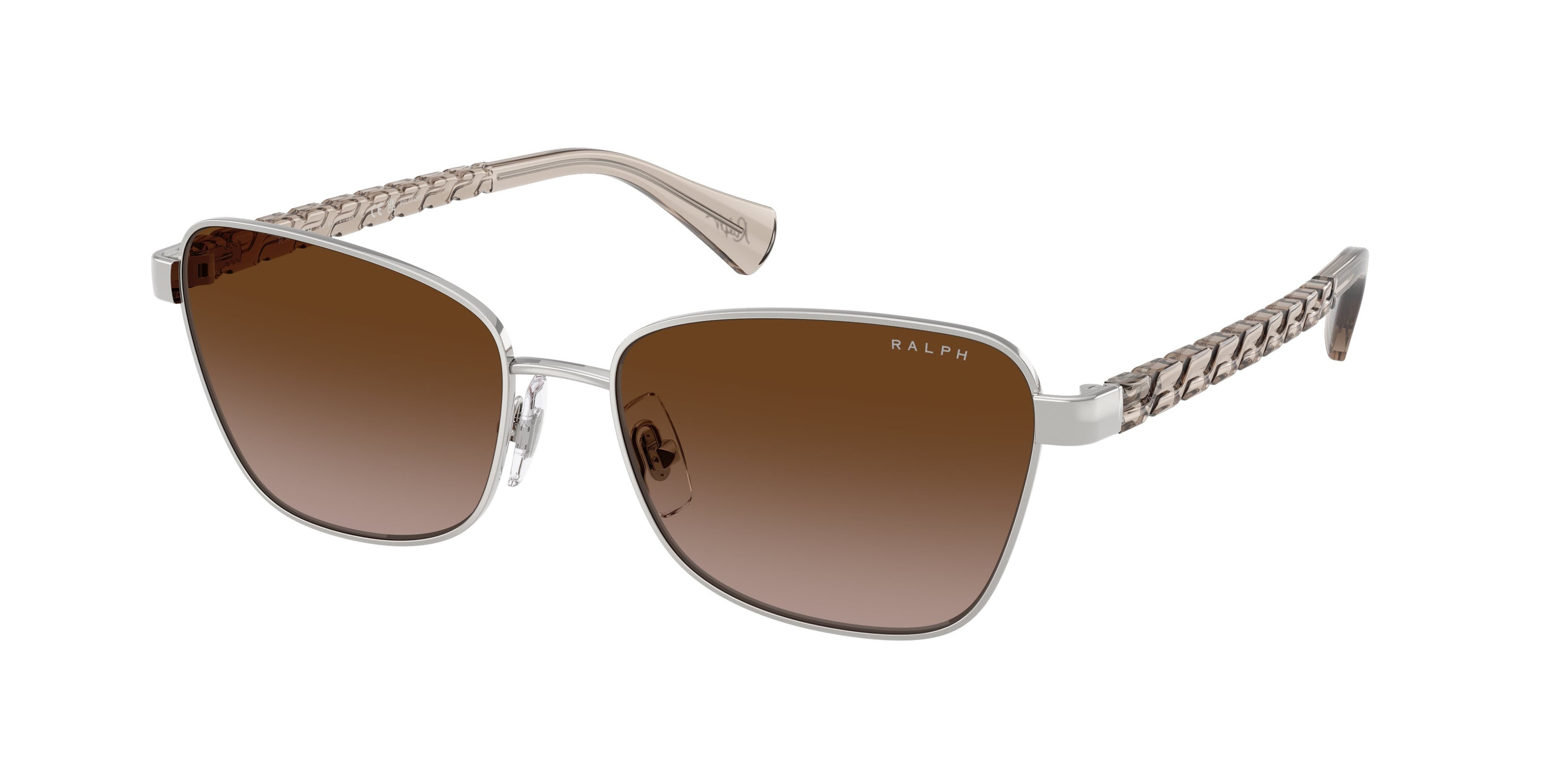 Sunglasses Ralph RA 4149 (949213) color argento lucido shape irregular lenses marrone sfumato