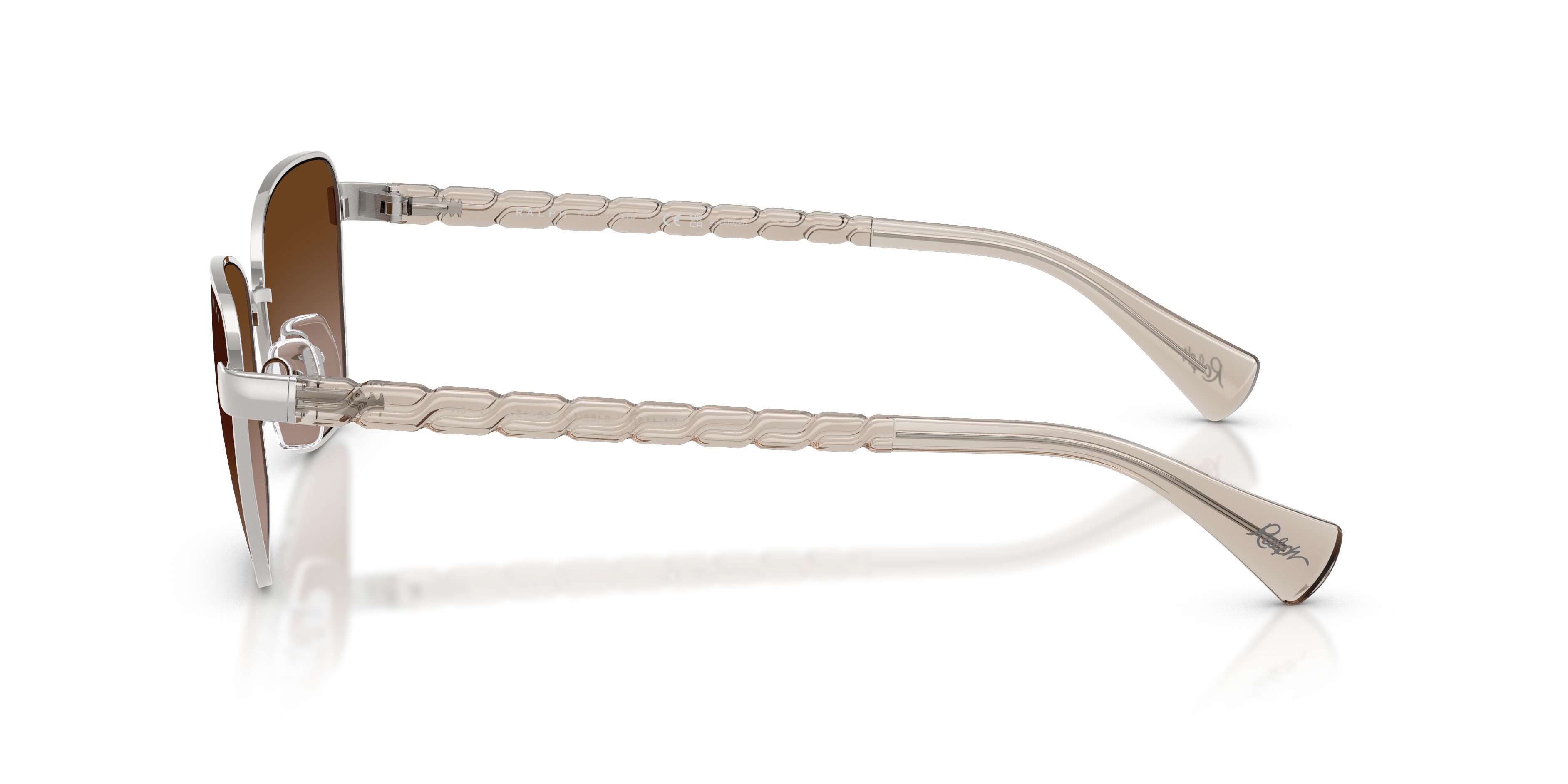 Sunglasses Ralph RA 4149 (949213) color argento lucido shape irregular lenses marrone sfumato
