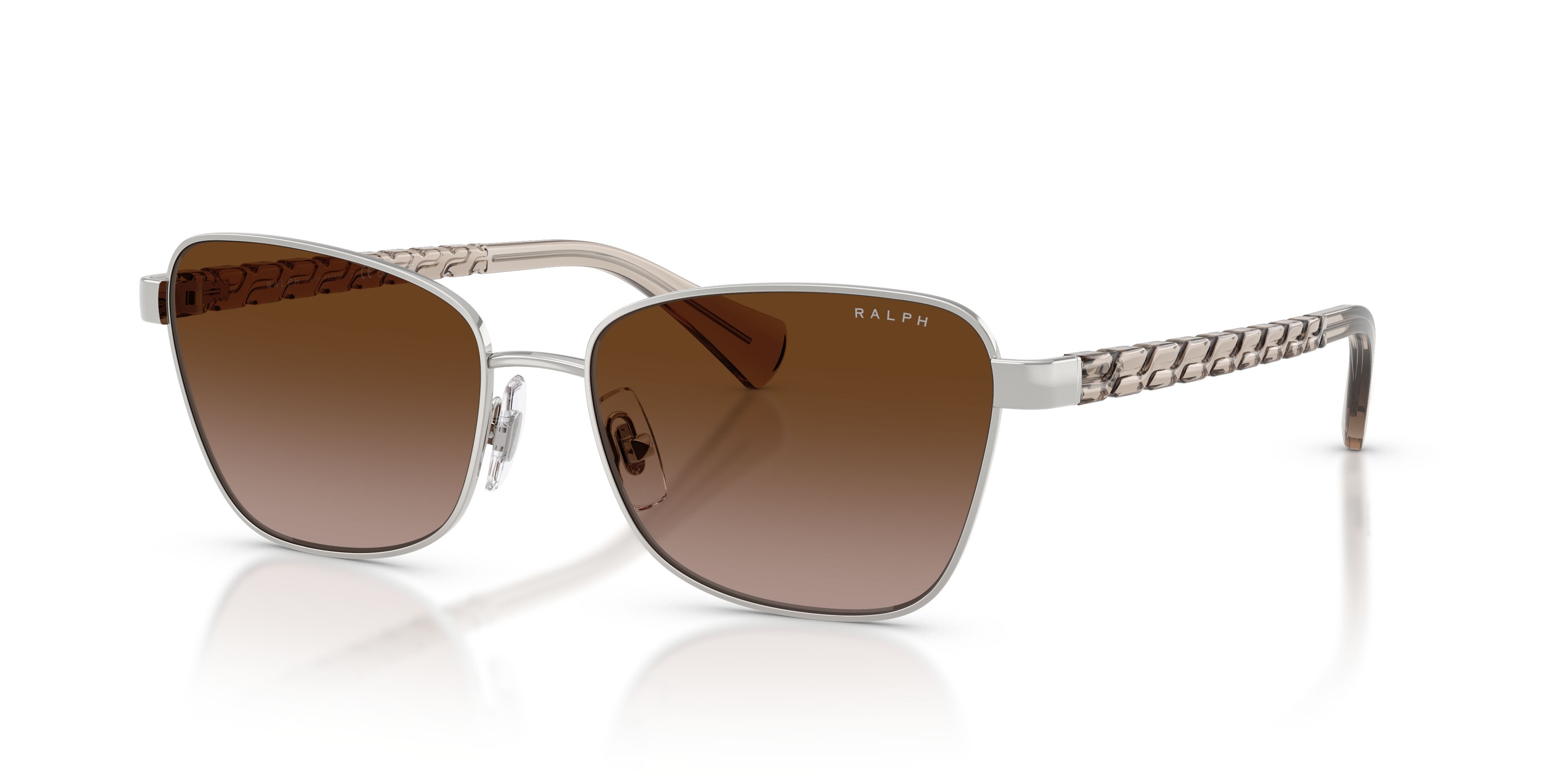 Sunglasses Ralph RA 4149 (949213) color argento lucido shape irregular lenses marrone sfumato