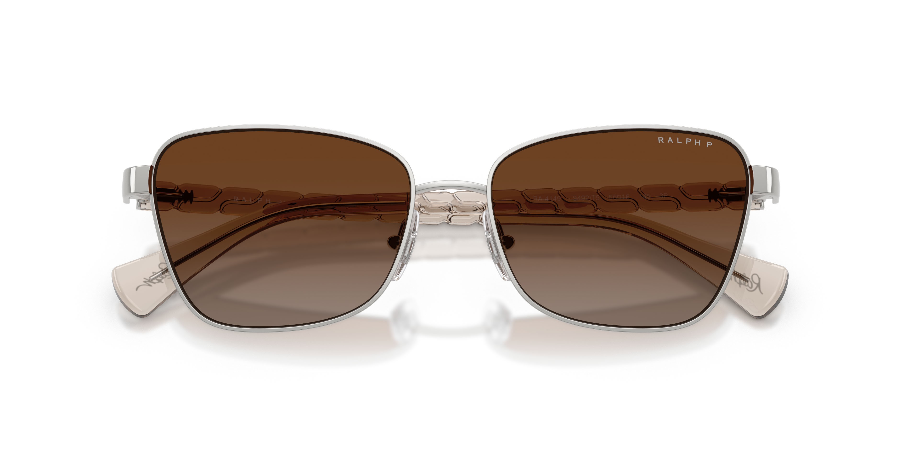 Sunglasses Ralph RA 4149 (9492T5) color argento lucido shape irregular lenses marrone sfumato