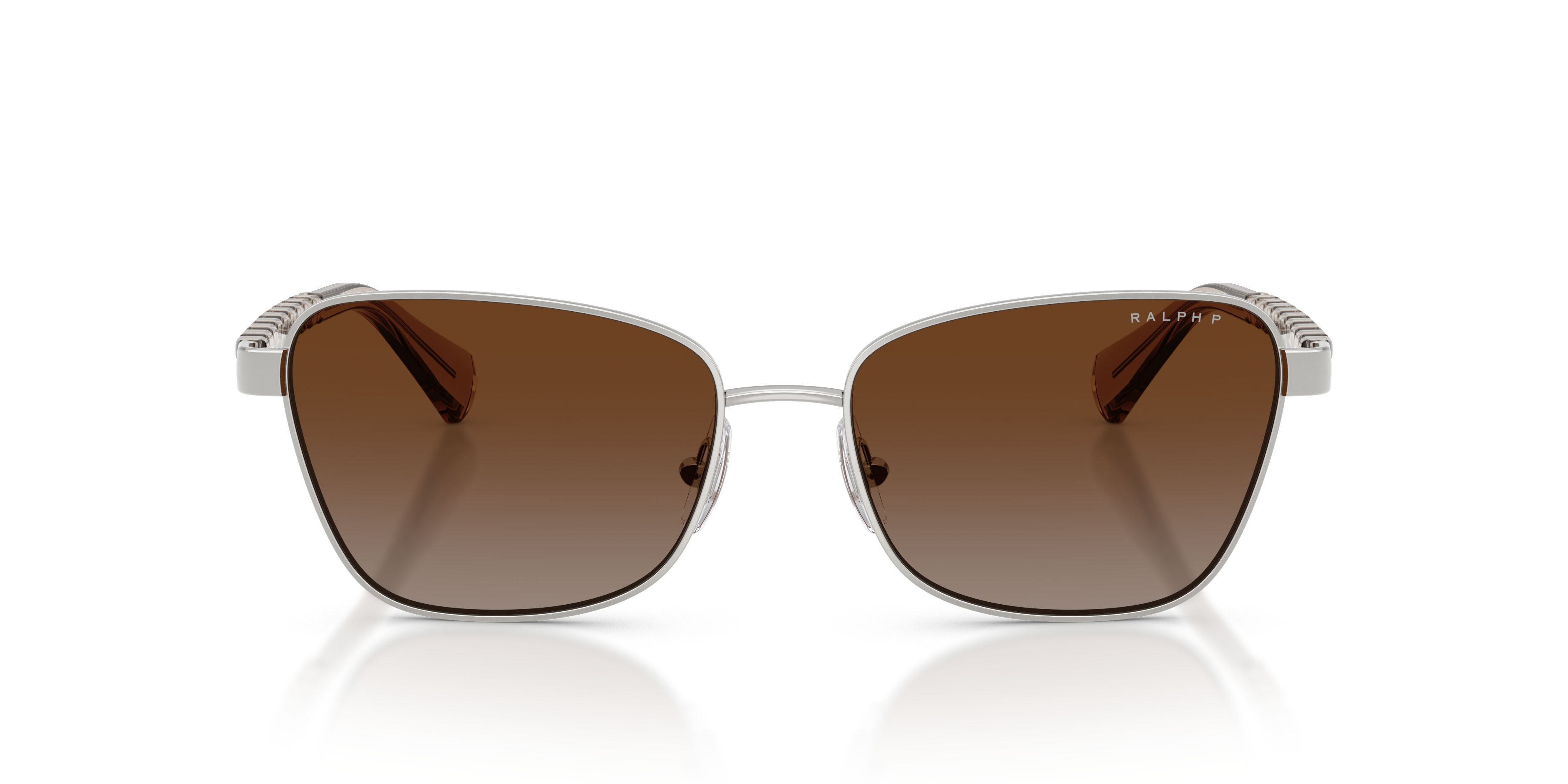 Sunglasses Ralph RA 4149 (9492T5) color argento lucido shape irregular lenses marrone sfumato