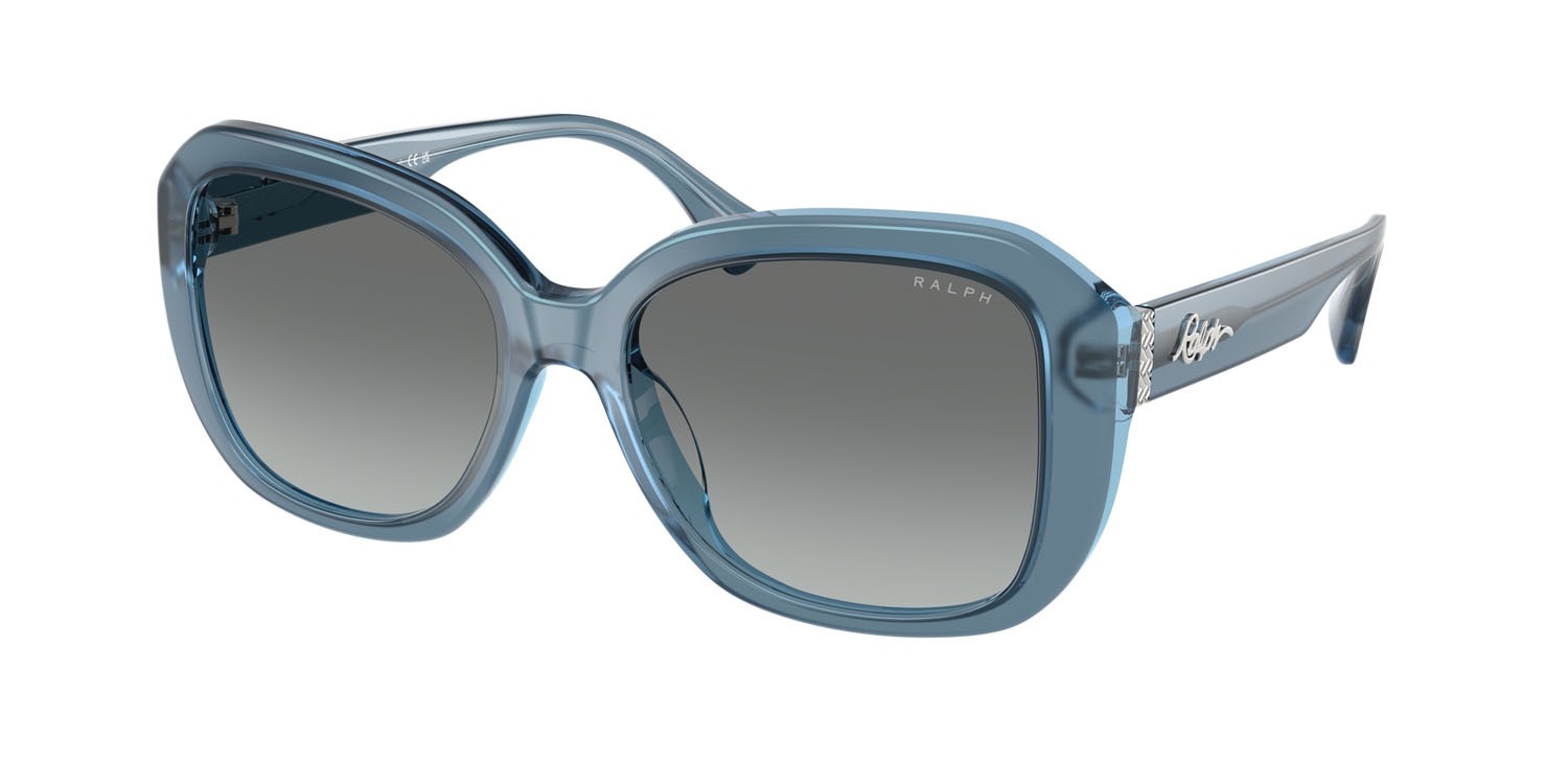 Sunglasses Ralph RA 5321U (606811) color blu perlaceo trasparente lucido shape square lenses grigio sfumato