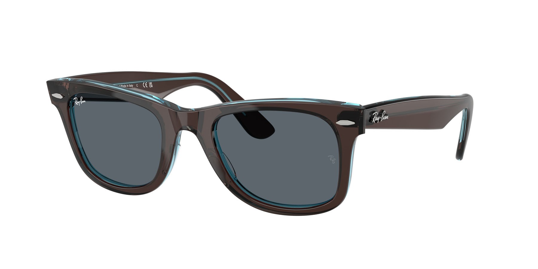 Occhiali da sole Ray-Ban Wayfarer RB 2140 (1446R5) colore marrone su blu trasparente forma quadrato lenti blu