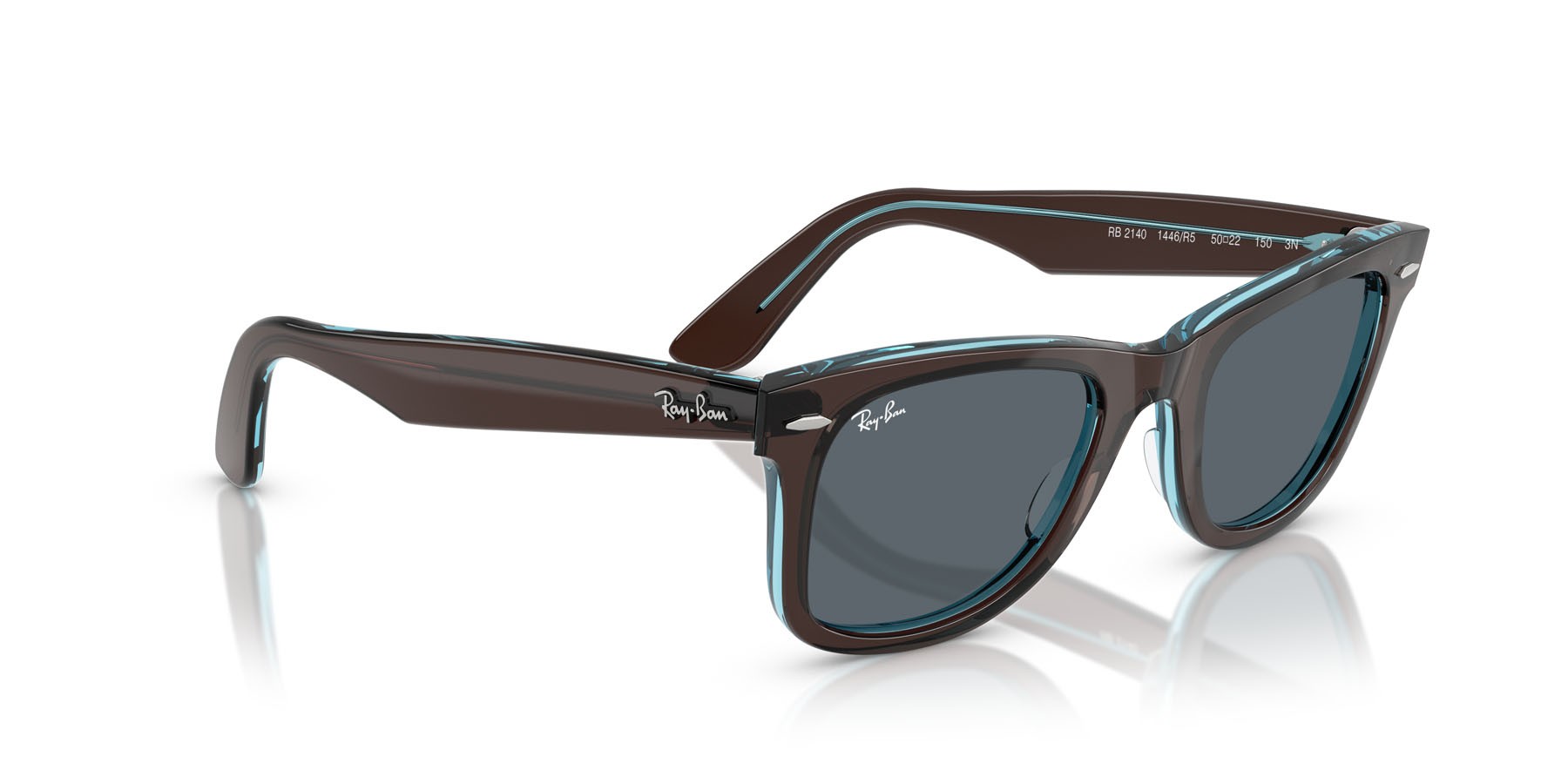 Occhiali da sole Ray-Ban Wayfarer RB 2140 (1446R5) colore marrone su blu trasparente forma quadrato lenti blu