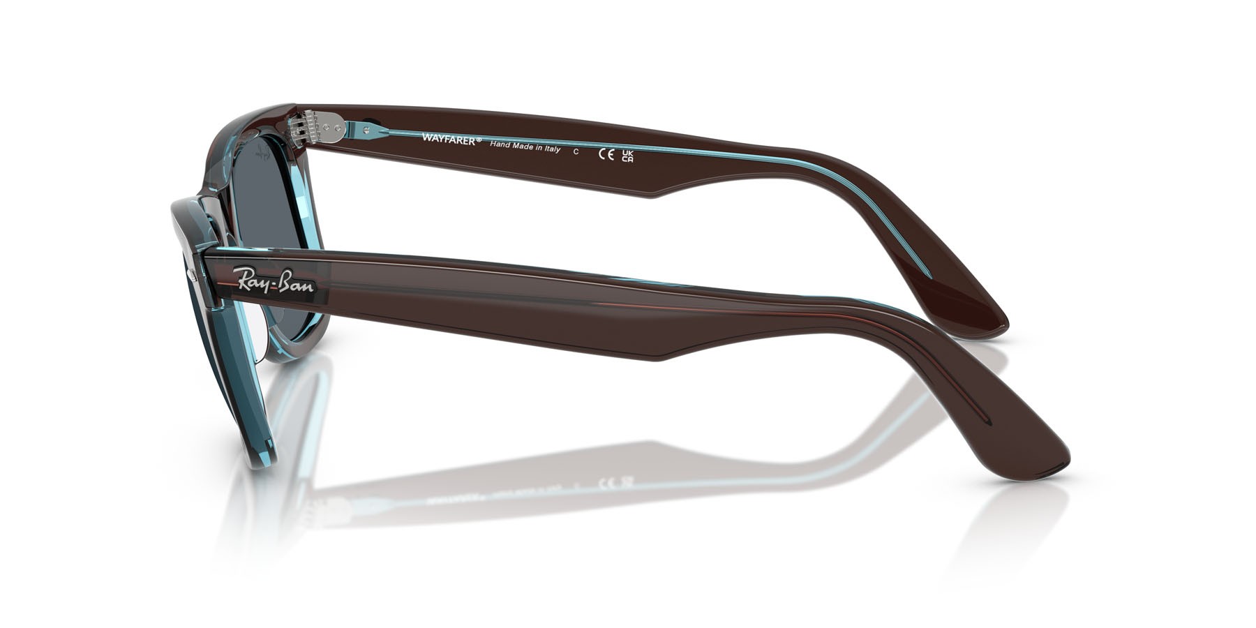 Occhiali da sole Ray-Ban Wayfarer RB 2140 (1446R5) colore marrone su blu trasparente forma quadrato lenti blu