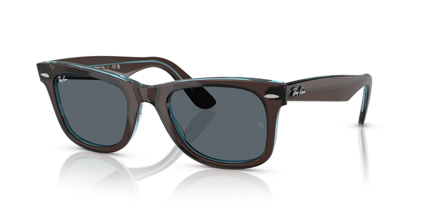 Occhiali da sole Ray-Ban Wayfarer RB 2140 (1446R5) colore marrone su blu trasparente forma quadrato lenti blu