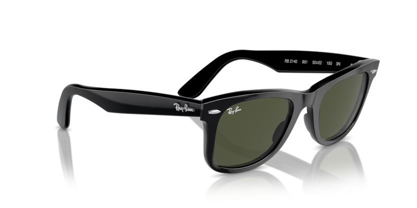 Sunglasses Ray-Ban Wayfarer Classic RB 2140 (901) color nero lucido shape square lenses g-15 crystal green