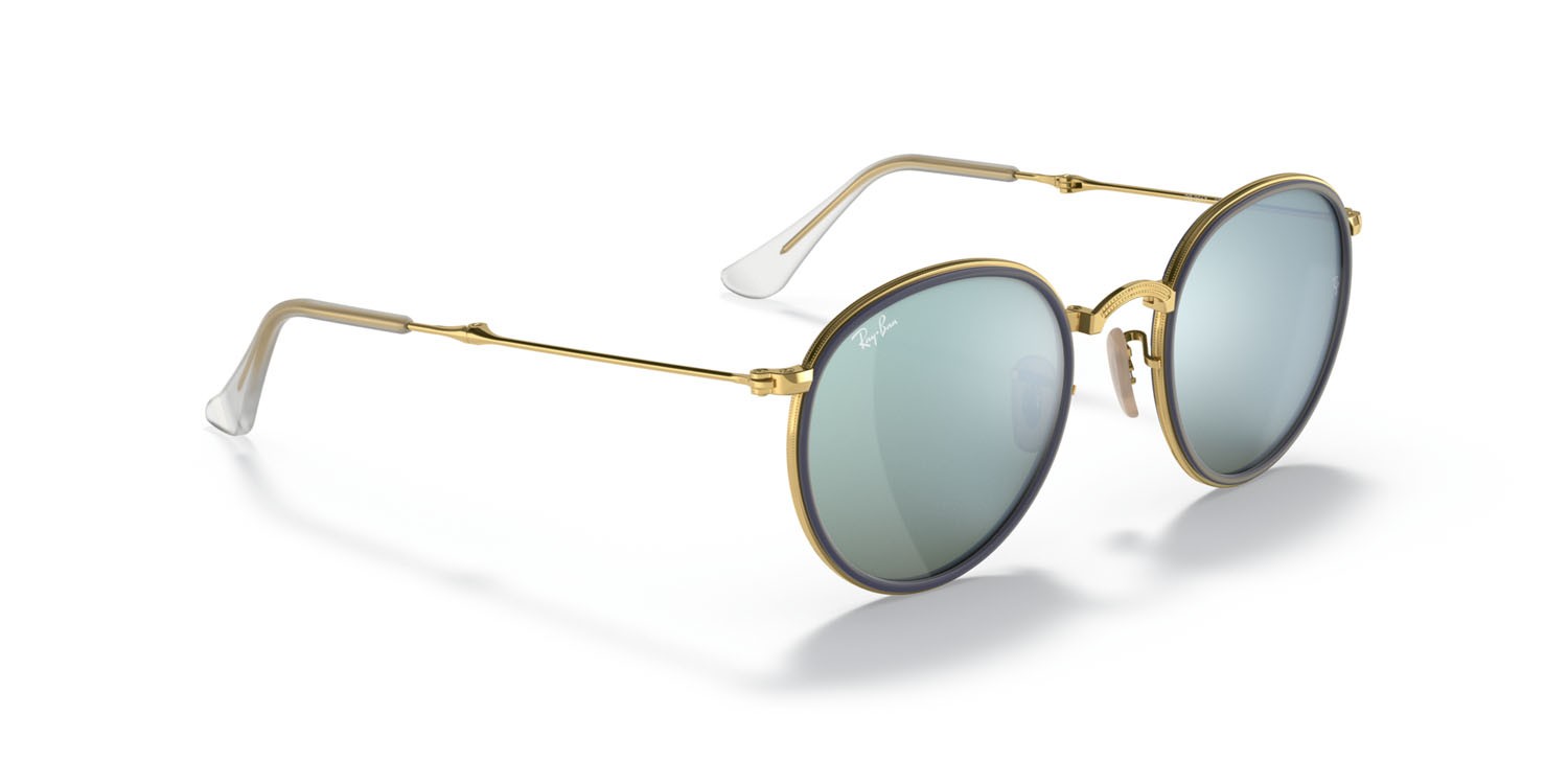 Occhiali da sole Ray-Ban Round Folding I RB 3517 (001/30) colore arista gold forma rotondo lenti flash argento