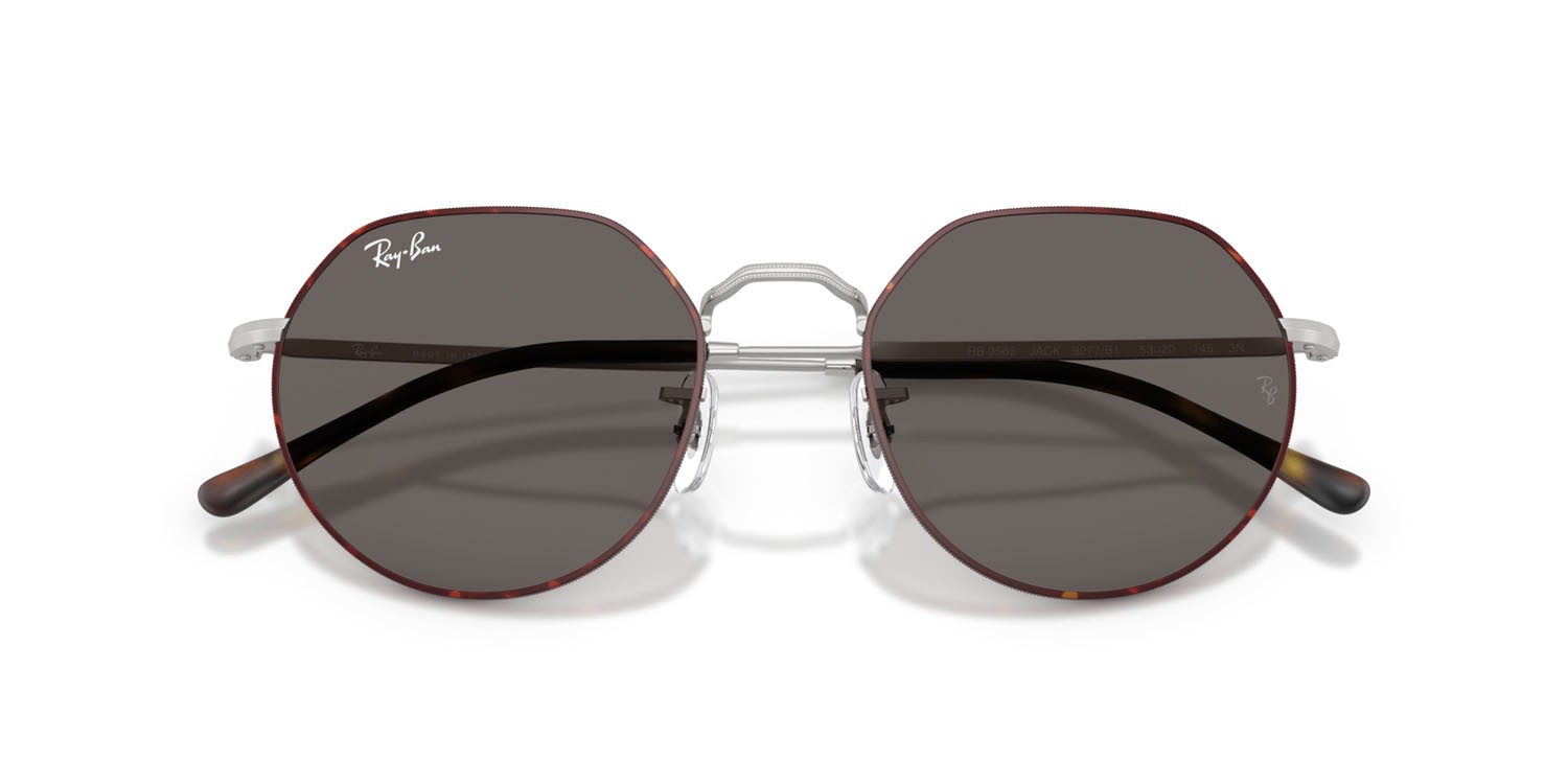 Occhiali da sole Ray-Ban Jack RB 3565 (9277B1) colore havana opaco su argento opaco forma irregolare lenti grigio scuro