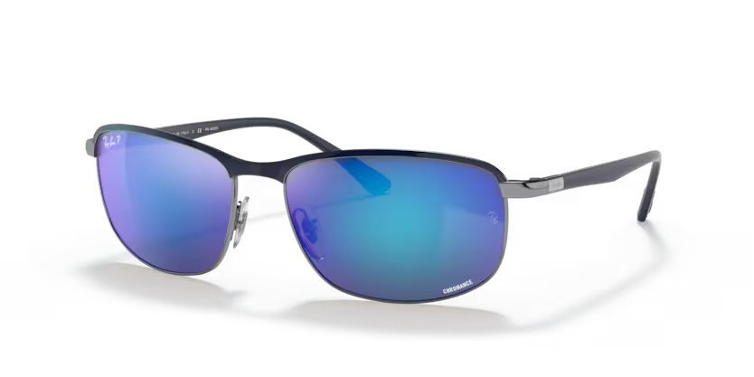 Sonnenbrillen Ray-Ban Chromance RB 3671CH (92044L) farbe blue on gunmetal form quadratisch gläser polar grey mirror blue