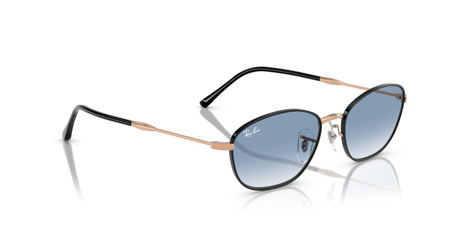 Occhiali da sole Ray-Ban RB 3749 (92723F) colore nero su oro rosa forma irregolare lenti trasparente sfumato blu