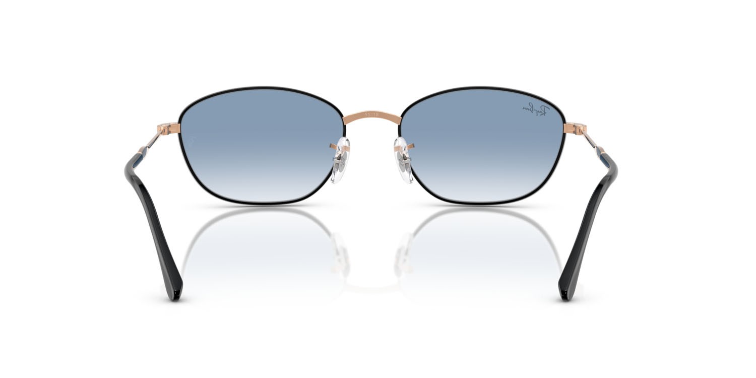 Occhiali da sole Ray-Ban RB 3749 (92723F) colore nero su oro rosa forma irregolare lenti trasparente sfumato blu
