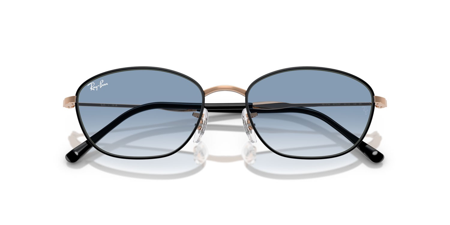 Occhiali da sole Ray-Ban RB 3749 (92723F) colore nero su oro rosa forma irregolare lenti trasparente sfumato blu