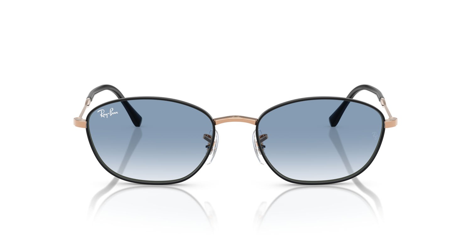Occhiali da sole Ray-Ban RB 3749 (92723F) colore nero su oro rosa forma irregolare lenti trasparente sfumato blu