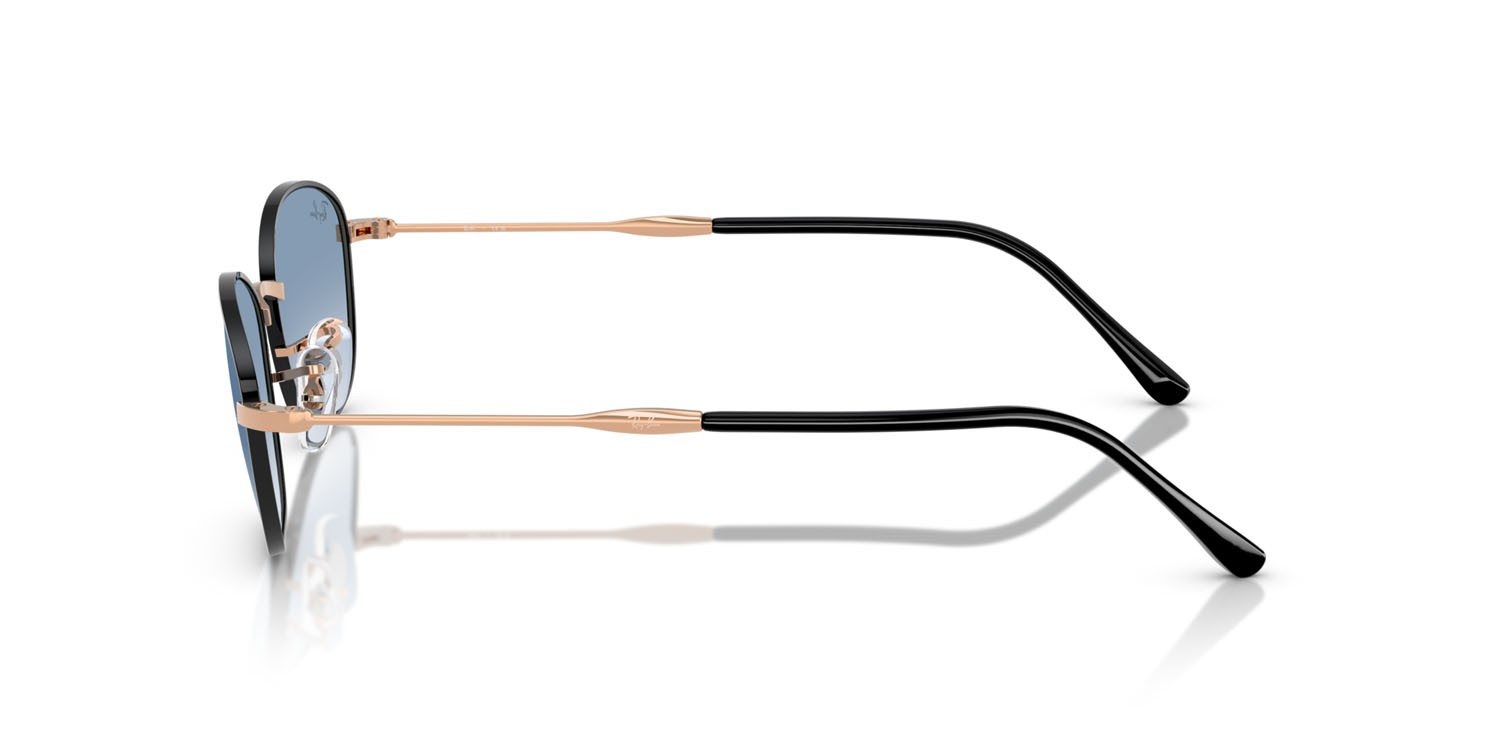Occhiali da sole Ray-Ban RB 3749 (92723F) colore nero su oro rosa forma irregolare lenti trasparente sfumato blu