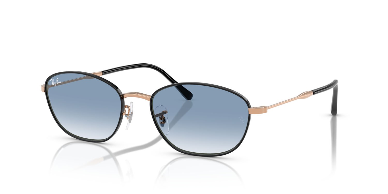 Occhiali da sole Ray-Ban RB 3749 (92723F) colore nero su oro rosa forma irregolare lenti trasparente sfumato blu
