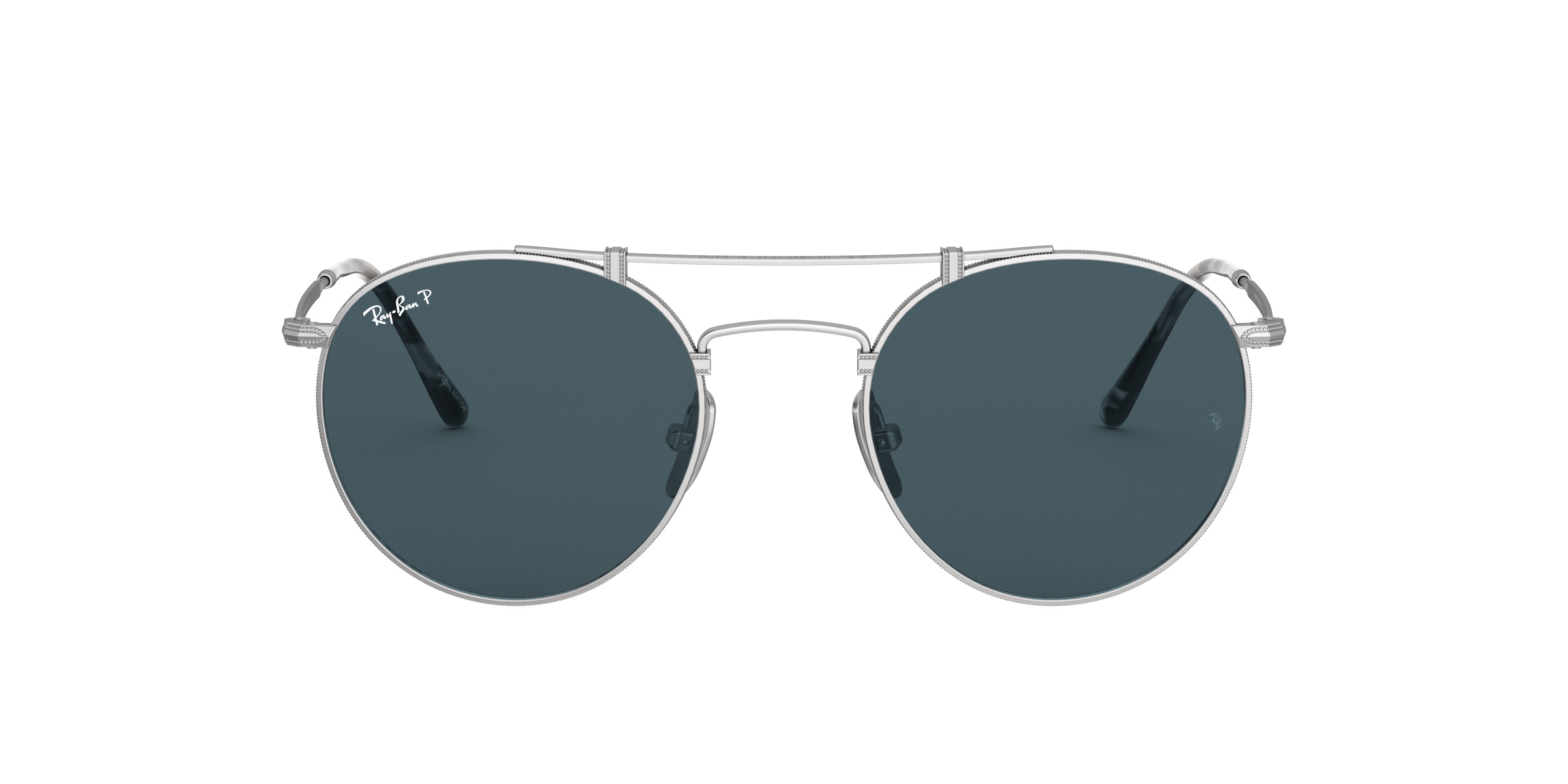 Sunglasses Ray-Ban Round Titanium RB 8147M (9165) color argento shape round lenses polarizzate blu cristallo