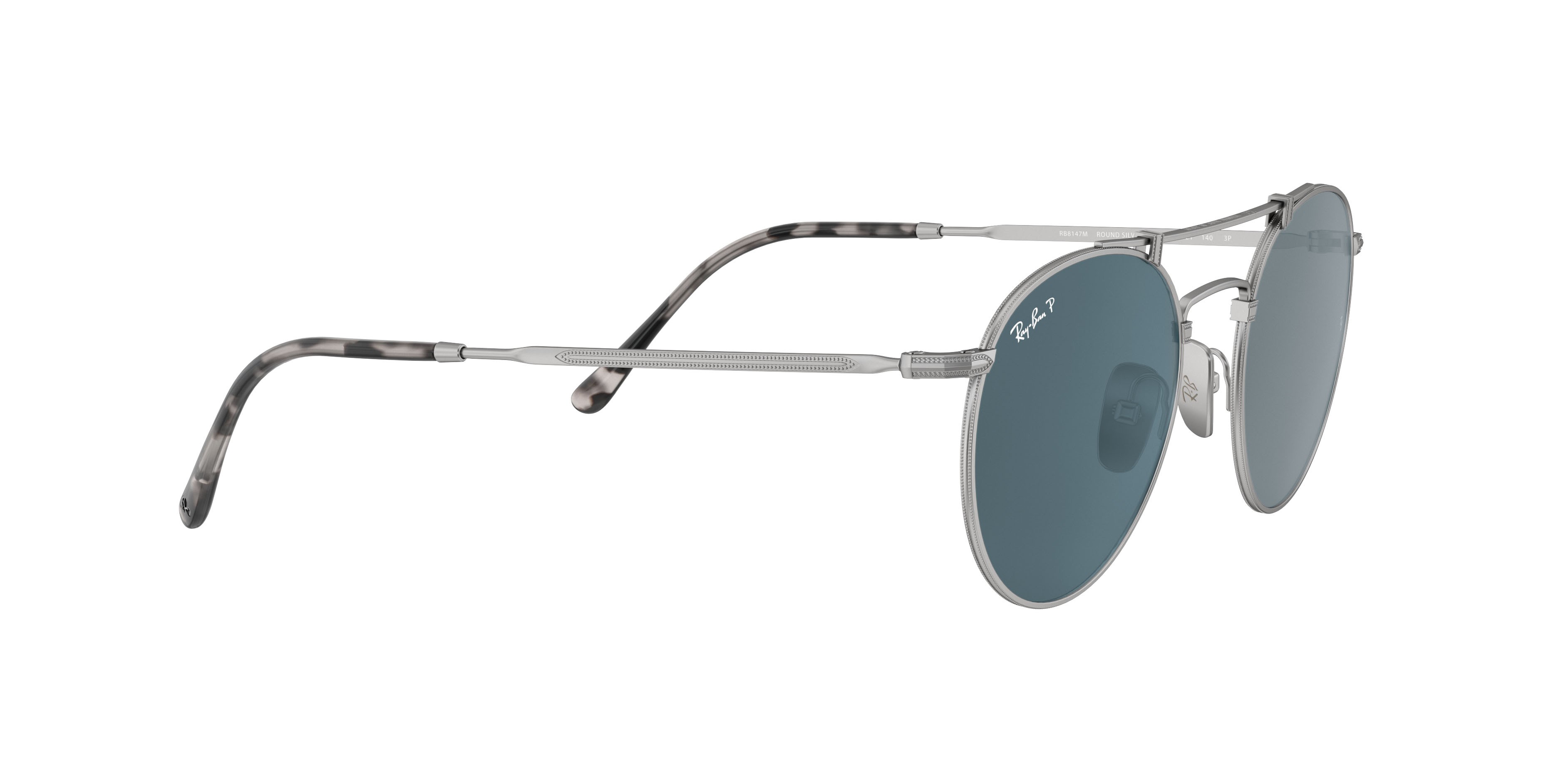Sunglasses Ray-Ban Round Titanium RB 8147M (9165) color argento shape round lenses polarizzate blu cristallo