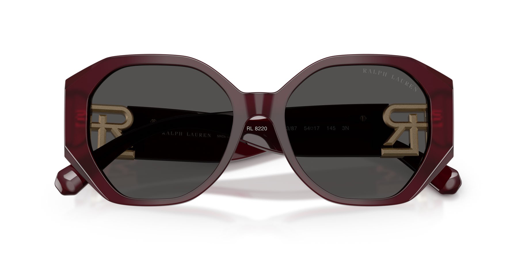 Sunglasses Ralph Lauren The Juliette RL 8220 (508387) color bordeaux tinta unita shape butterfly lenses grigio scuro