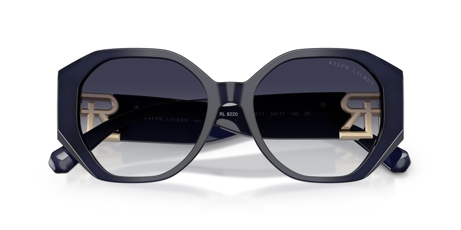 Sunglasses Ralph Lauren The Juliette RL 8220 (631011) color blu opale shape butterfly lenses grigio chiaro sfumato grigio scuro