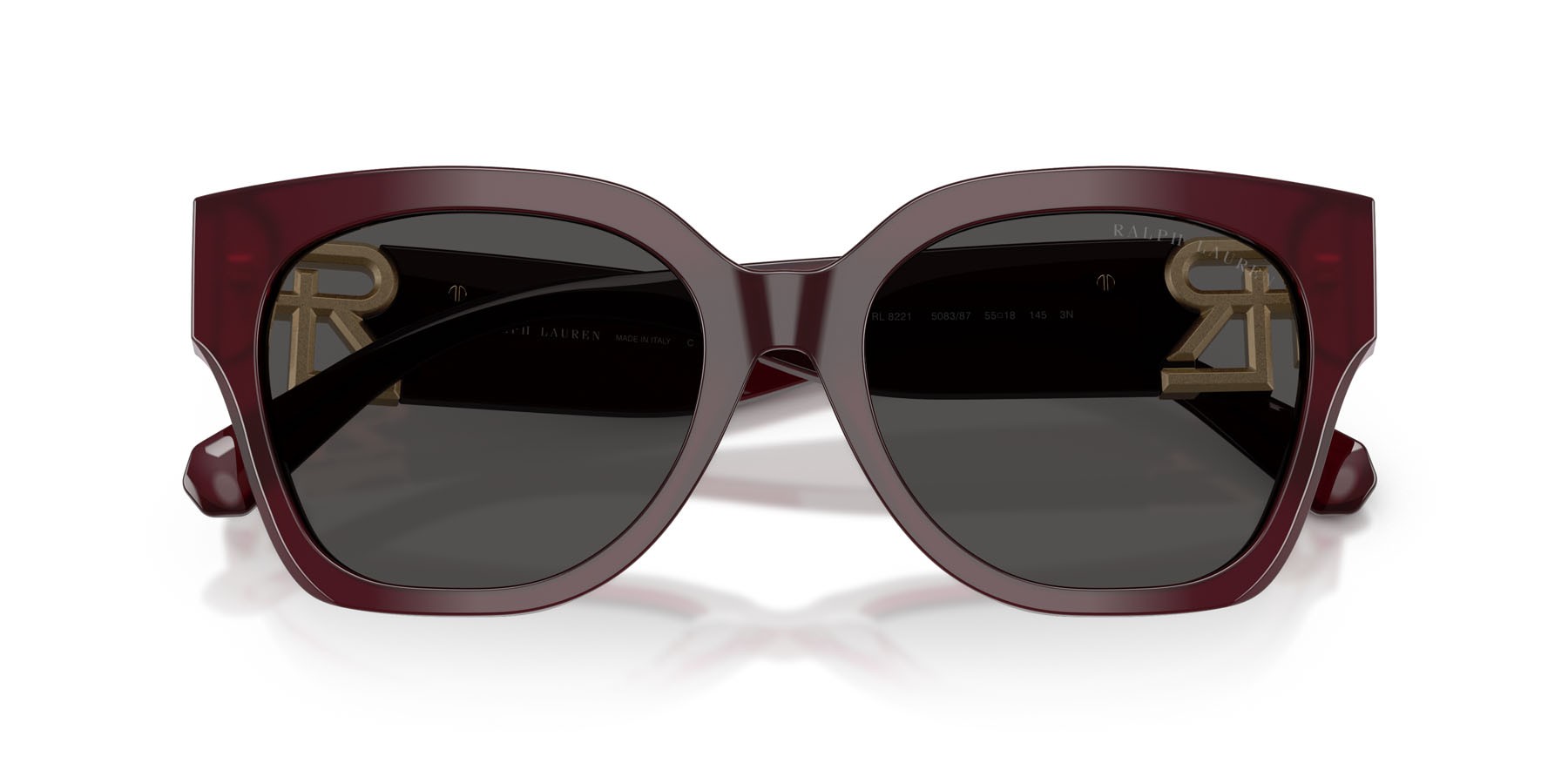 Sunglasses Ralph Lauren The Overszed Ricky RL 8221 (508387) color bordeaux tinta unita shape butterfly lenses grigio scuro