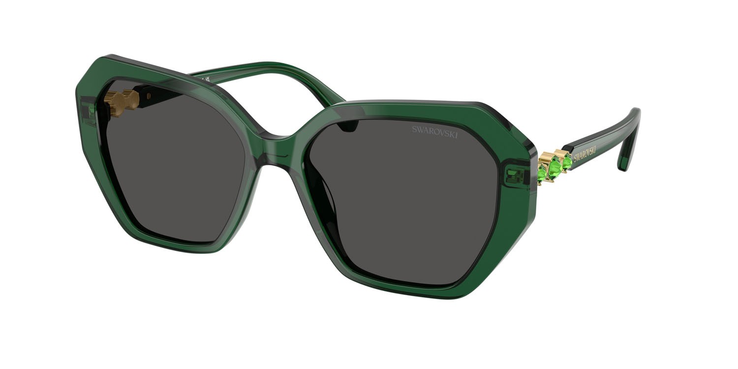 Sunglasses Swarovski SK 6017 (104587) color verde trasparente shape irregular lenses grigio scuro