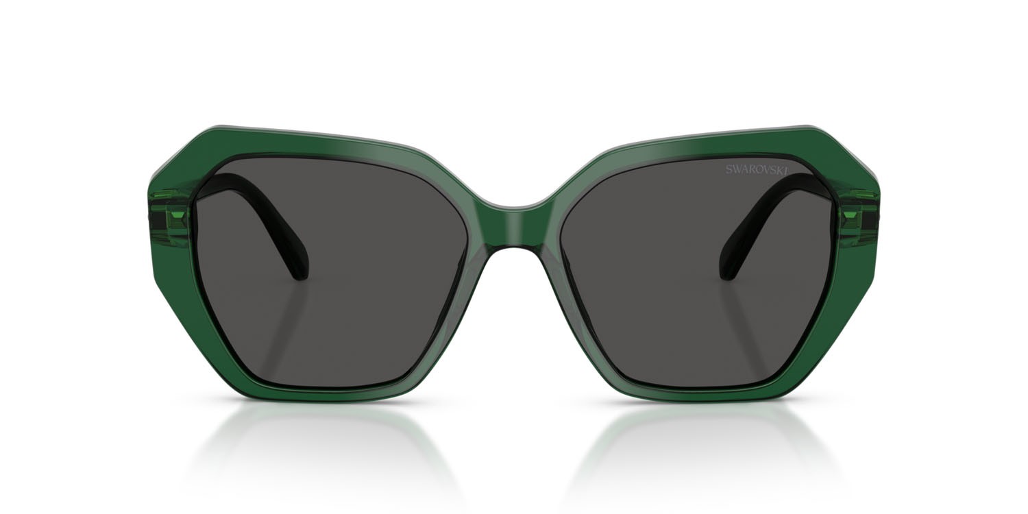 Sunglasses Swarovski SK 6017 (104587) color verde trasparente shape irregular lenses grigio scuro