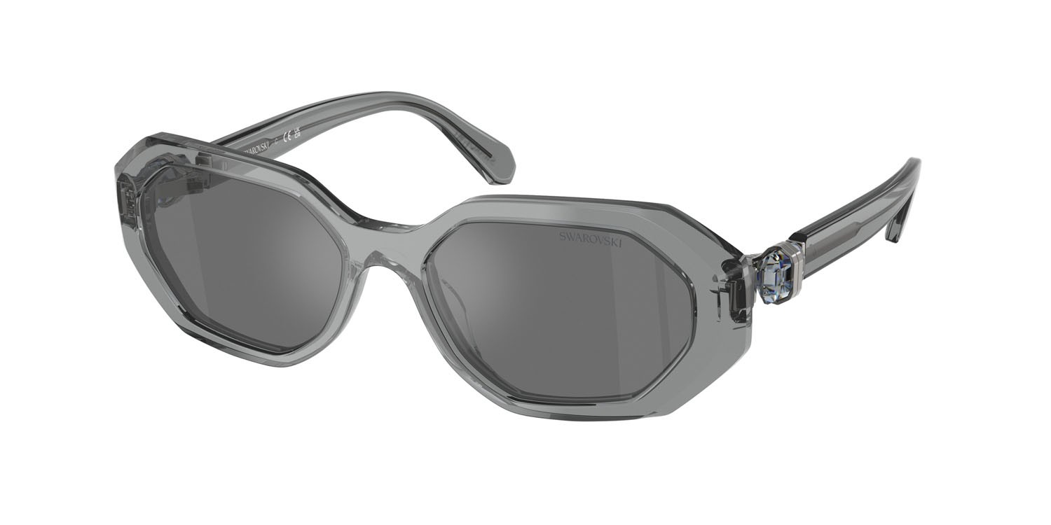Sunglasses Swarovski SK 6028 (10626G) color grigio scuro trasparente shape irregular lenses grigio nero specchiato