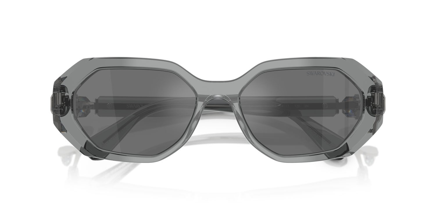 Sunglasses Swarovski SK 6028 (10626G) color grigio scuro trasparente shape irregular lenses grigio nero specchiato