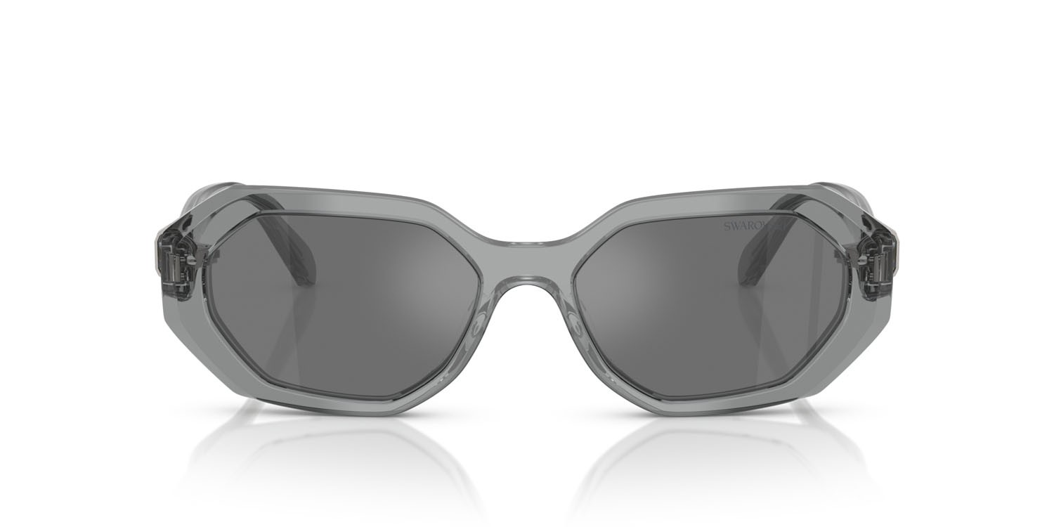 Sunglasses Swarovski SK 6028 (10626G) color grigio scuro trasparente shape irregular lenses grigio nero specchiato
