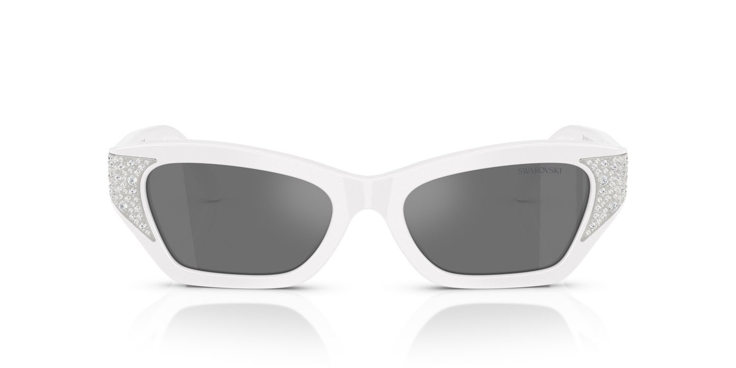 Sunglasses Swarovski SK 6029 (10506G) color rosa perlaceo shape cat eye lenses grigio nero specchiato