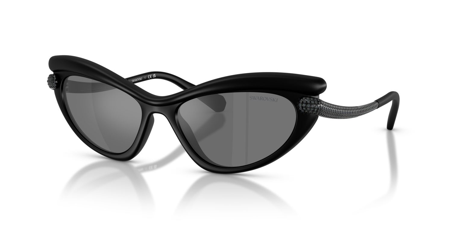 Sunglasses Swarovski SK 6038 (10396G) color nero opaco shape cat eye lenses grigio nero specchiato