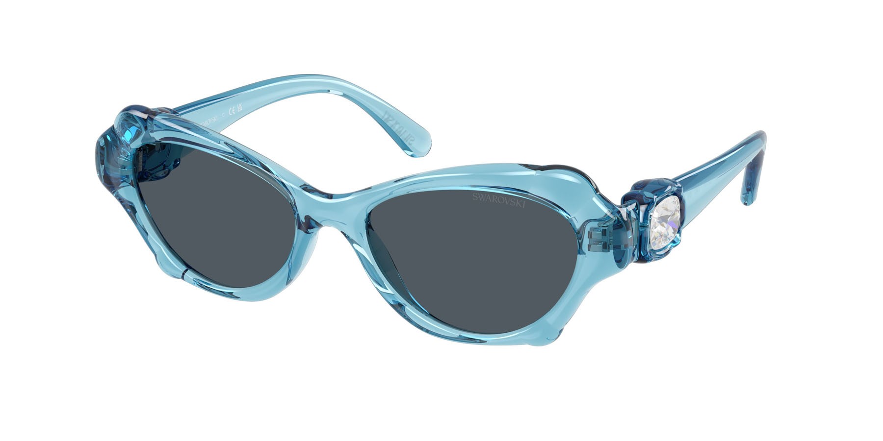 Sunglasses Swarovski SK 6050 (107887) color azzurro trasparente shape cat eye lenses grigio scuro