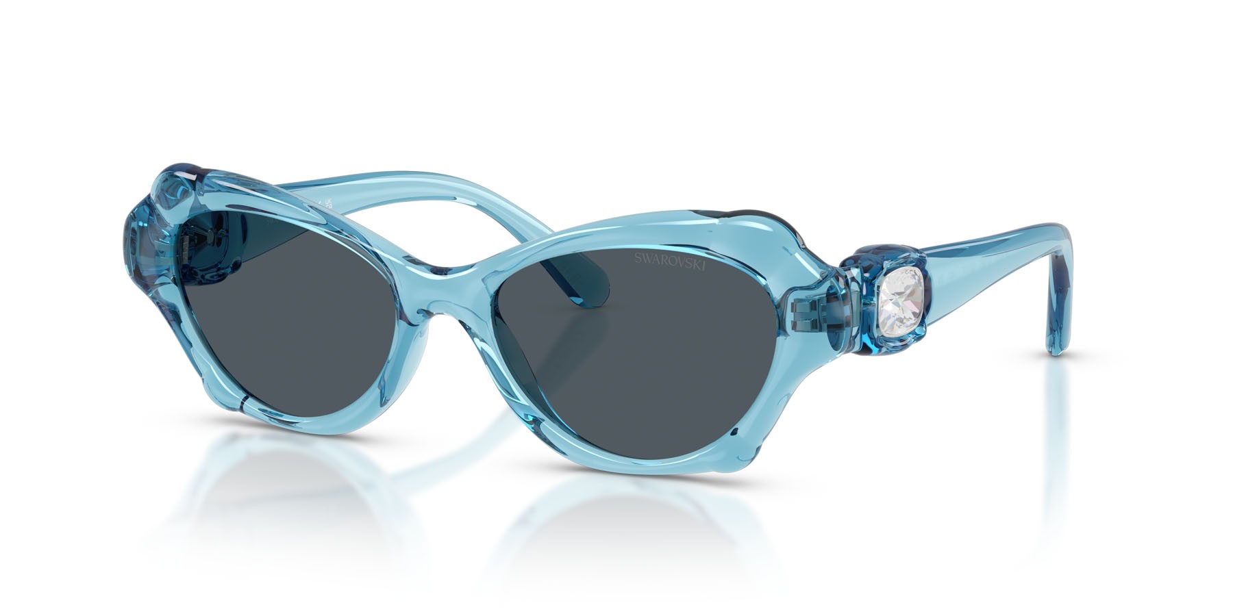 Sunglasses Swarovski SK 6050 (107887) color azzurro trasparente shape cat eye lenses grigio scuro